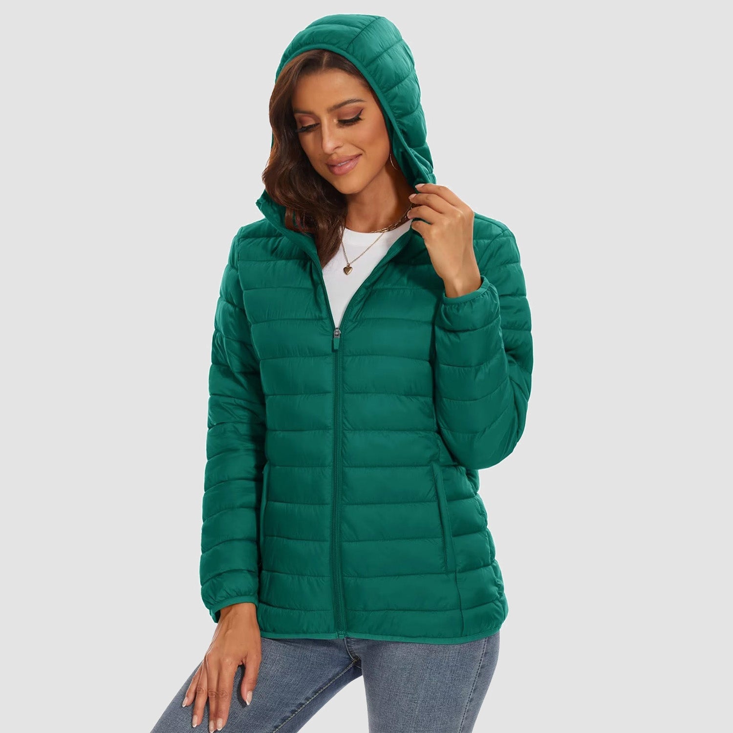 Women's hooded ultra-light puffer jacket full-zip water-resistant windproof packable winter coat