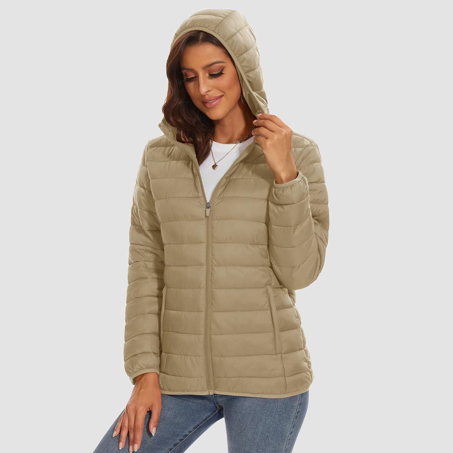 Women's hooded ultra-light puffer jacket full-zip windproof packable winter coat water-resistant nylon