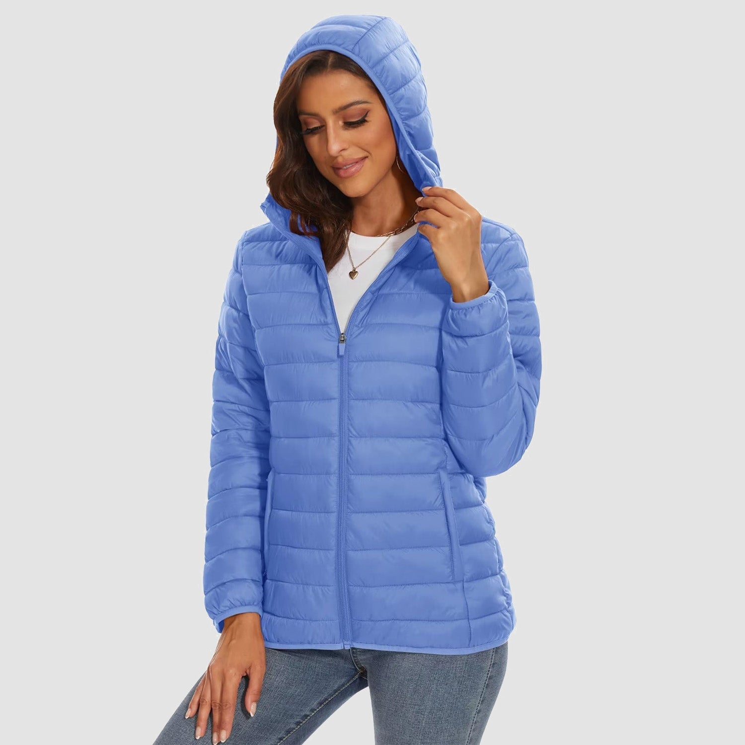 Women's hooded ultra-light puffer jacket full-zip windproof packable winter coat water-resistant nylon