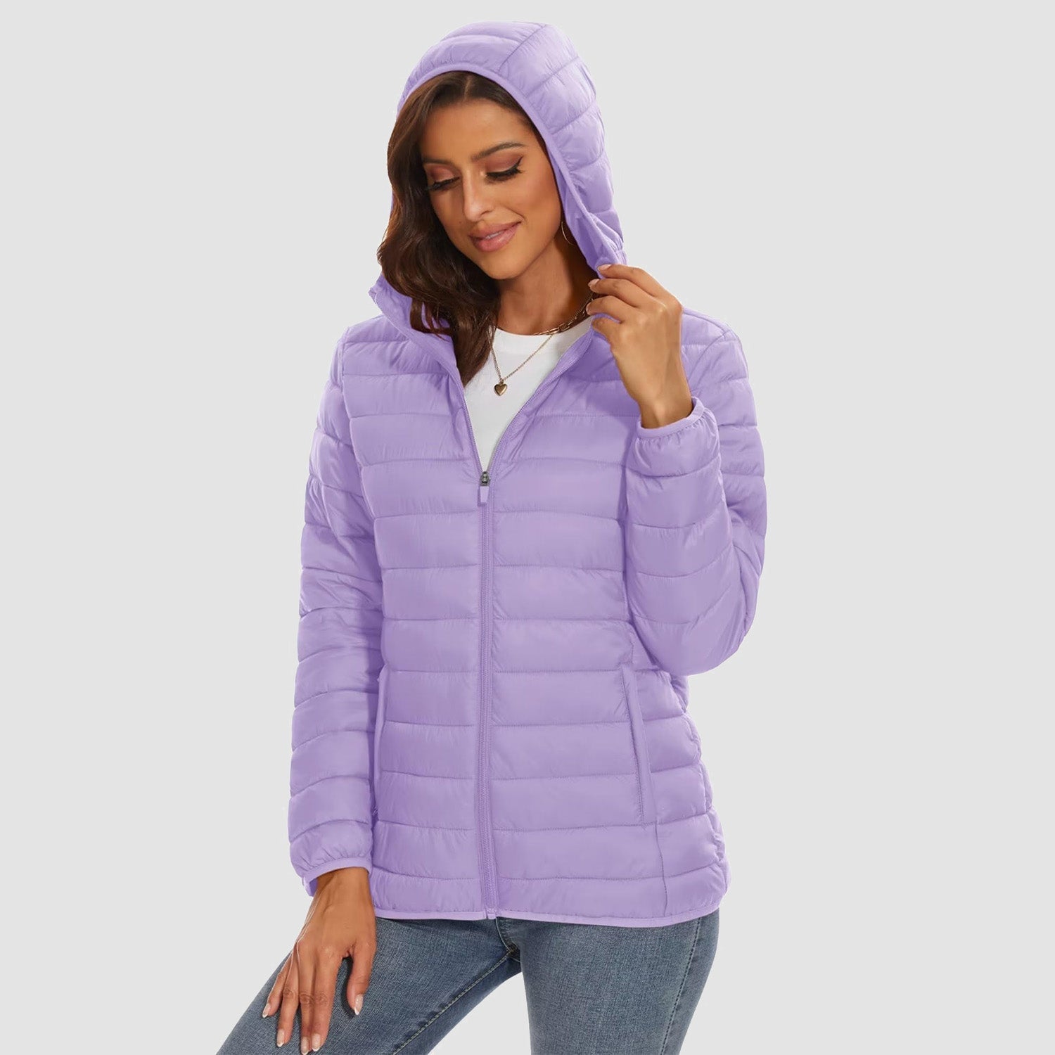 Women's ultralight hooded puffer jacket full-zip windproof packable winter coat water-resistant nylon