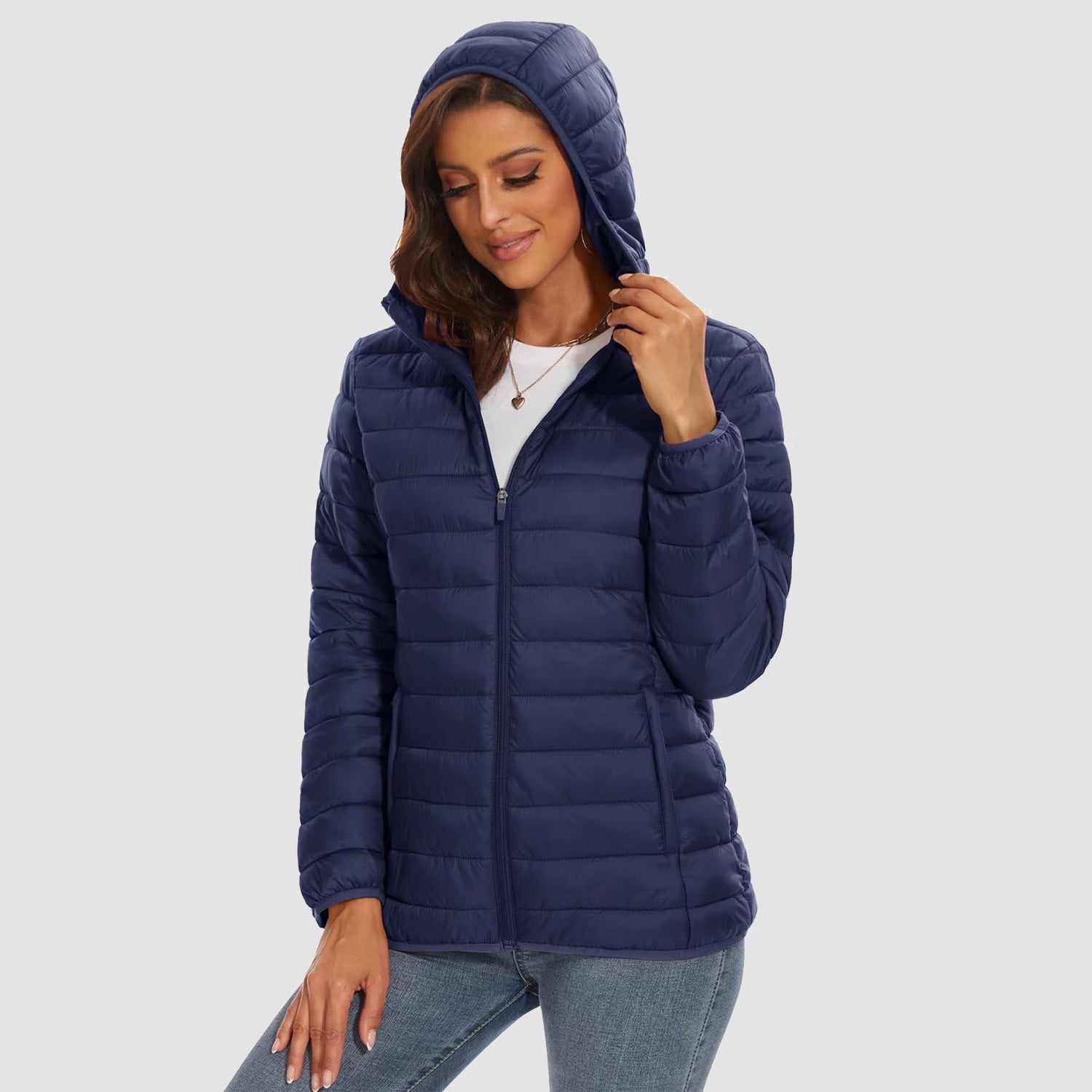 Women's hooded ultra-light puffer jacket full-zip water-resistant windproof packable winter coat