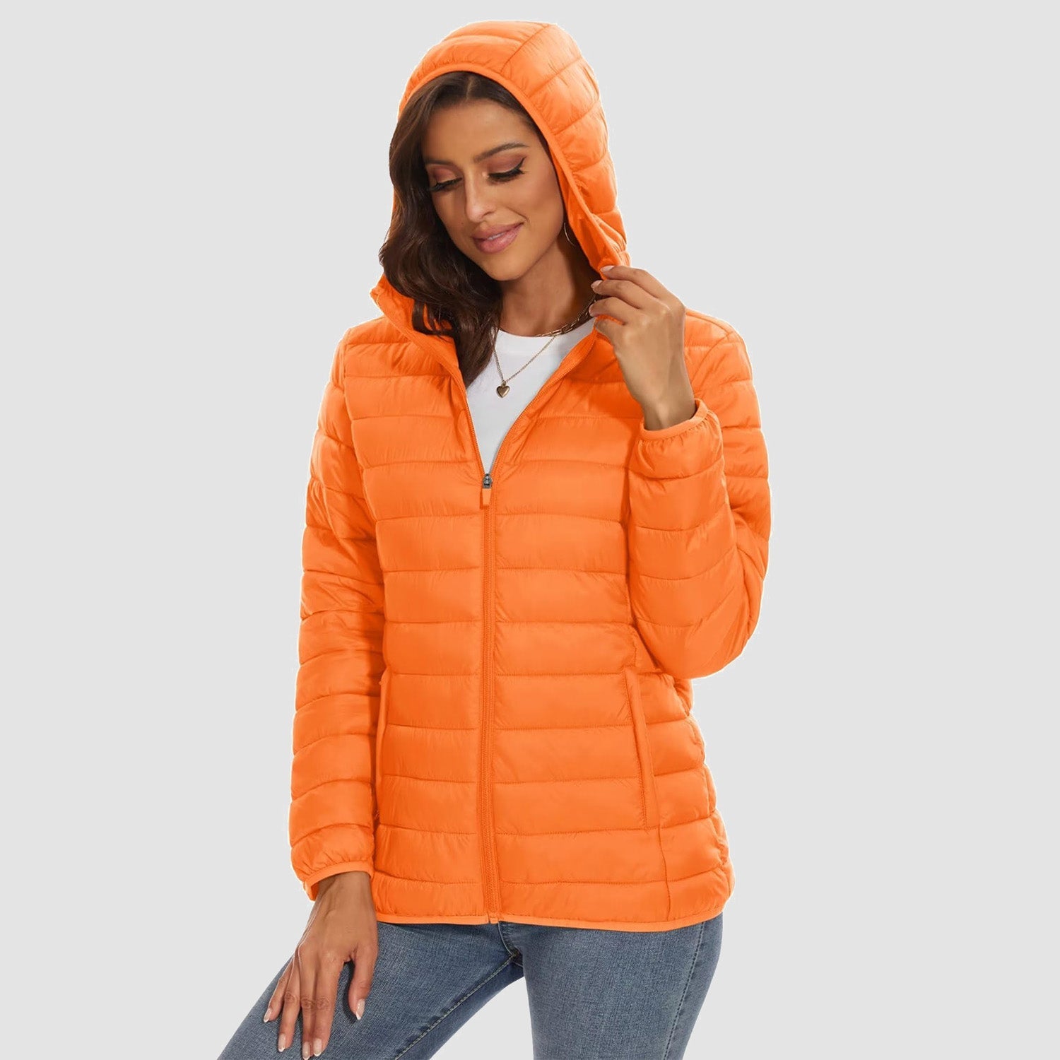 Women's lightweight hooded puffer jacket full-zip water-resistant windproof packable winter coat