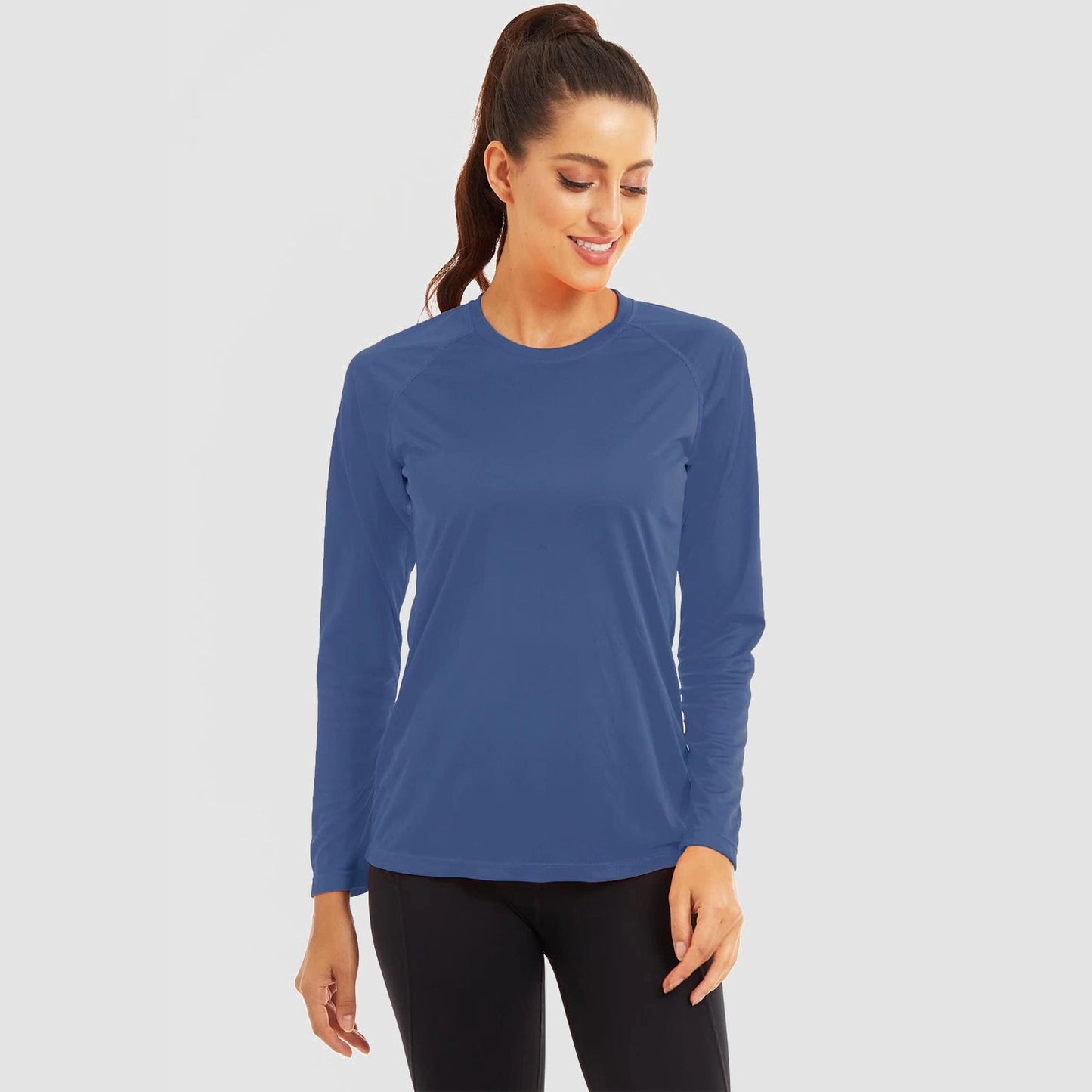 Women's UPF 50+ light blue long sleeve sun shirt, lightweight quick-dry raglan sleeve crew neck