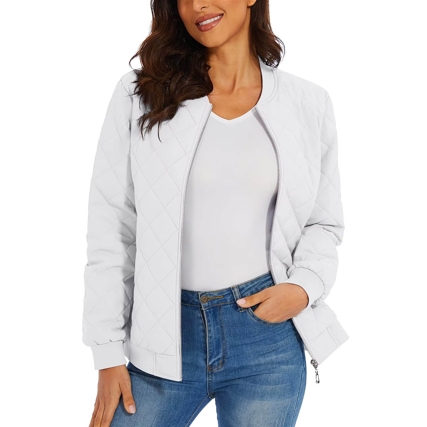 Women's black quilted bomber jacket diamond stitching windproof metal zipper two zip pockets slim fit
