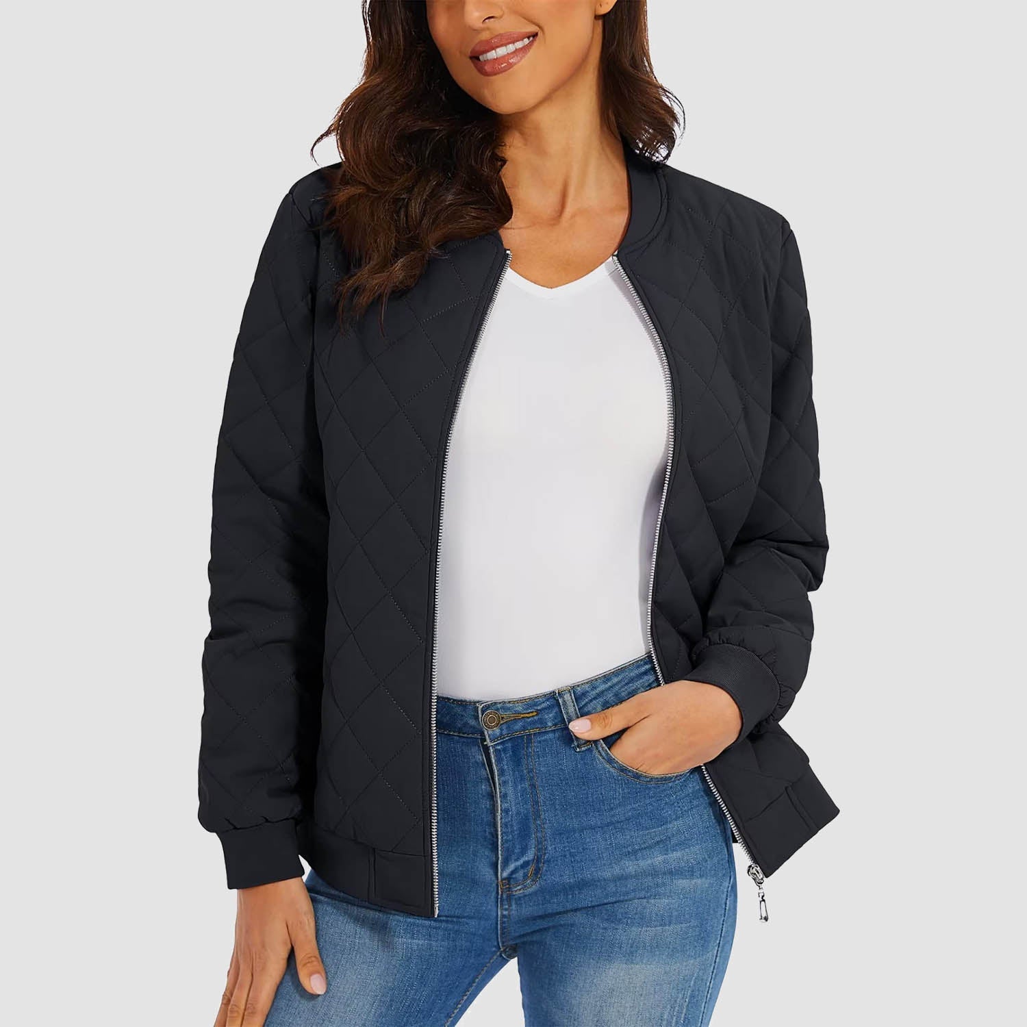 Women's black quilted bomber jacket diamond stitching windproof metal zipper two zip pockets slim fit