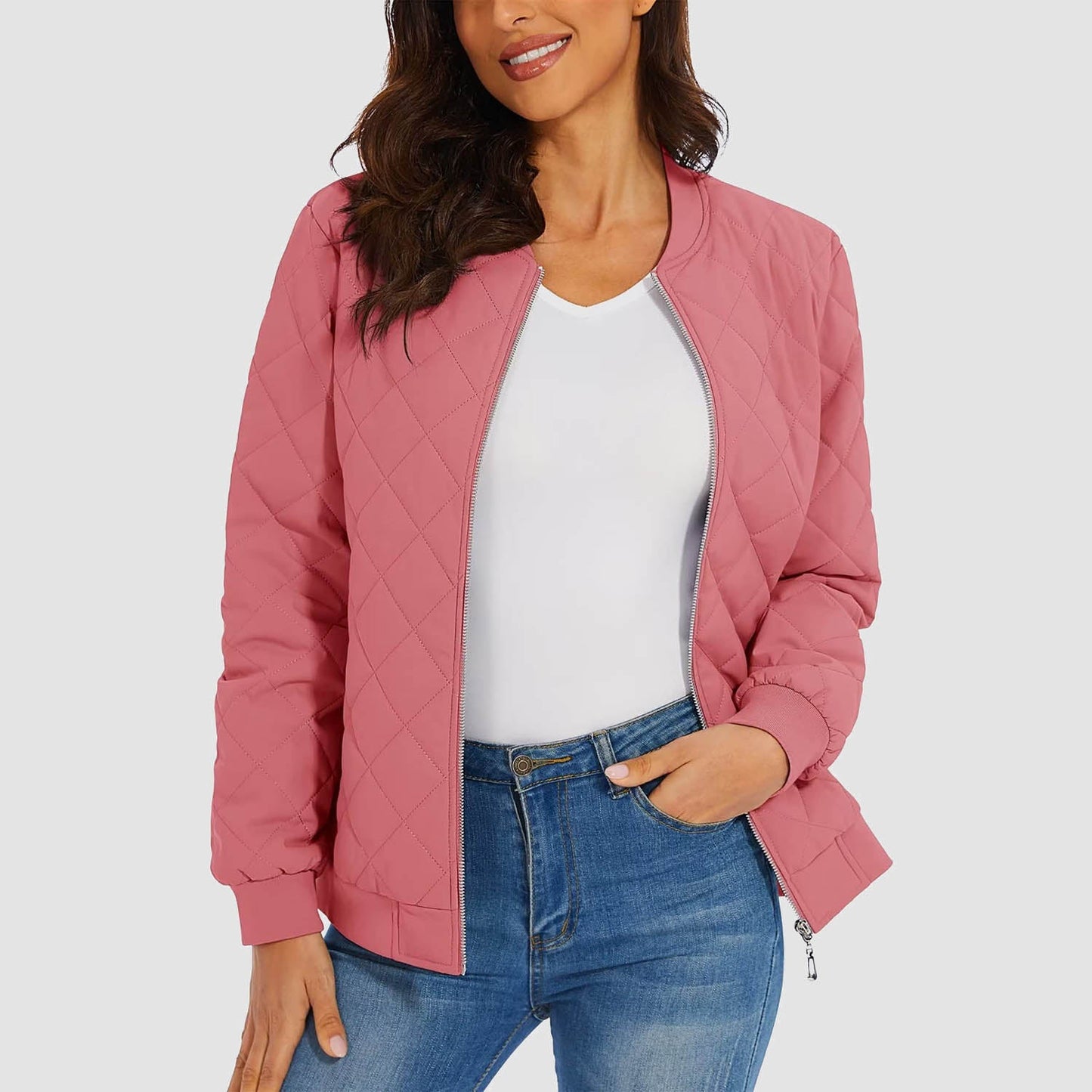 Women's black quilted bomber jacket diamond stitching windproof metal zipper two zip pockets slim fit