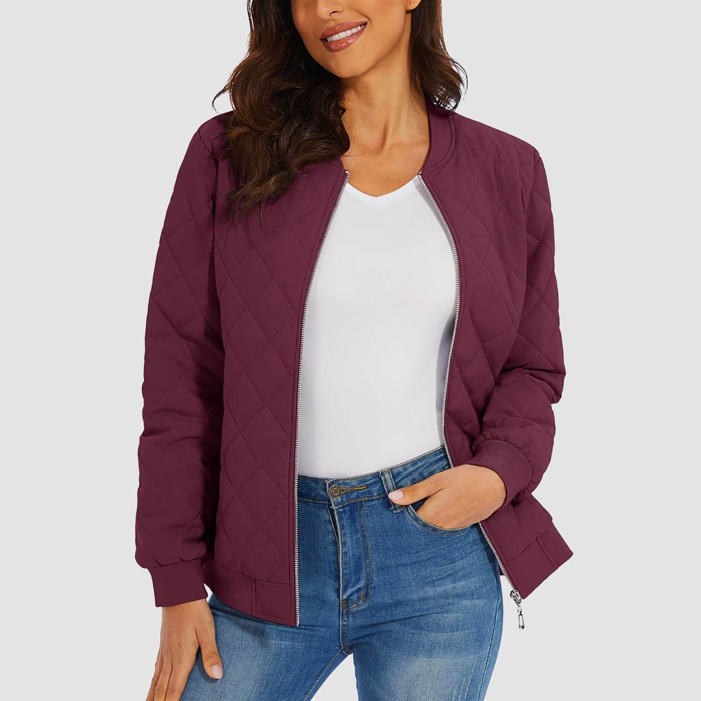 Women's black quilted bomber jacket diamond stitching windproof metal zipper two zip pockets slim fit