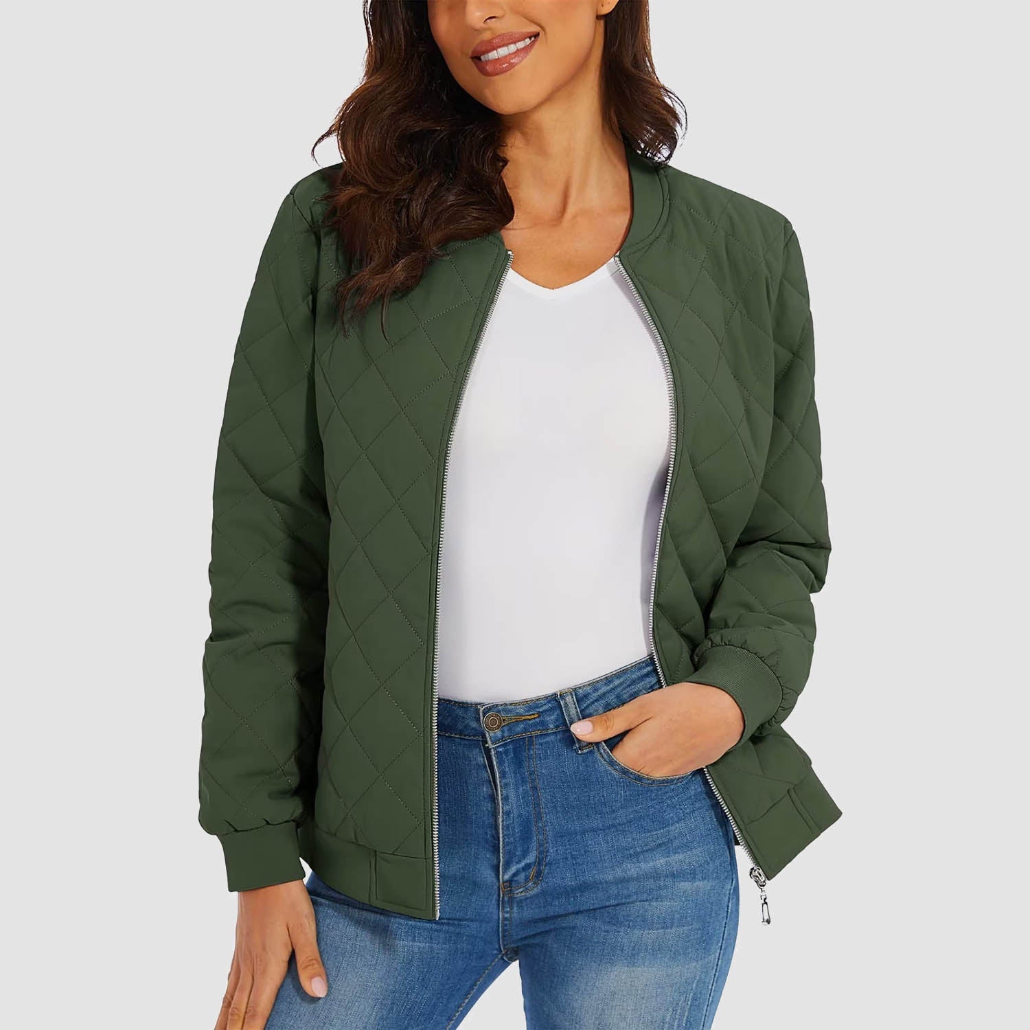 Women's black quilted bomber jacket diamond stitching slim fit windproof metal zipper two pockets