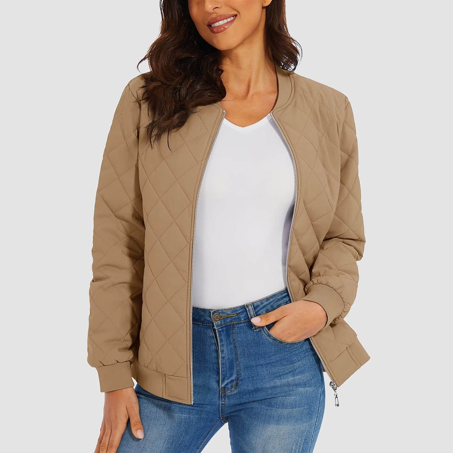 Women's black quilted bomber jacket diamond stitching windproof zipper two zip pockets slim fit