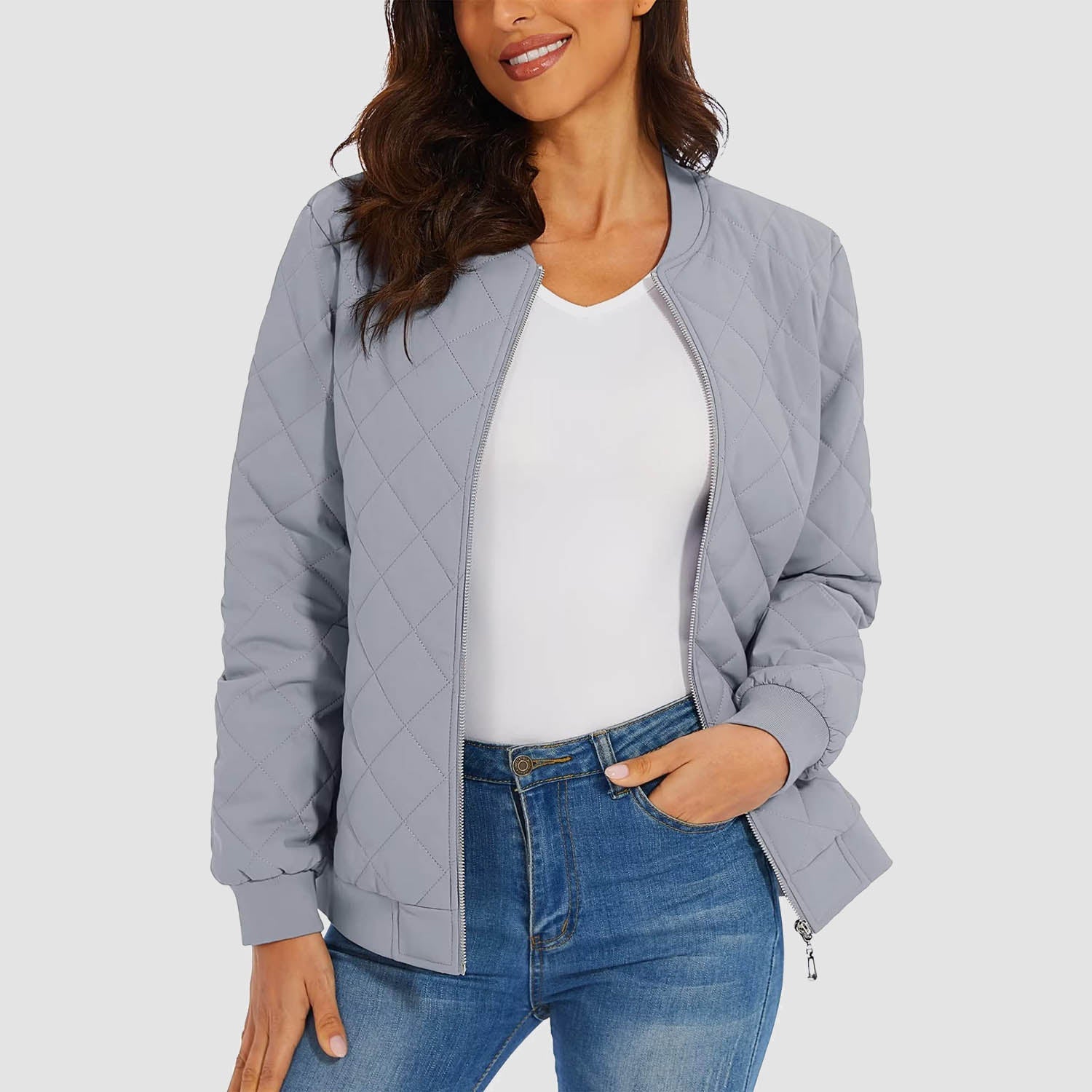 Women's black quilted bomber jacket diamond stitching windproof metal zipper two zip pockets slim fit