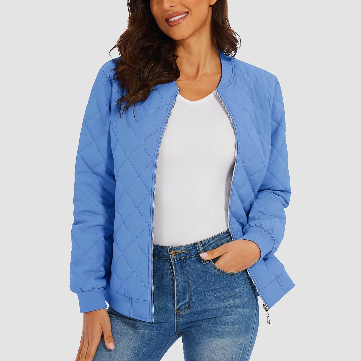 Women's black quilted bomber jacket diamond stitching windproof metal zipper two zip pockets slim fit
