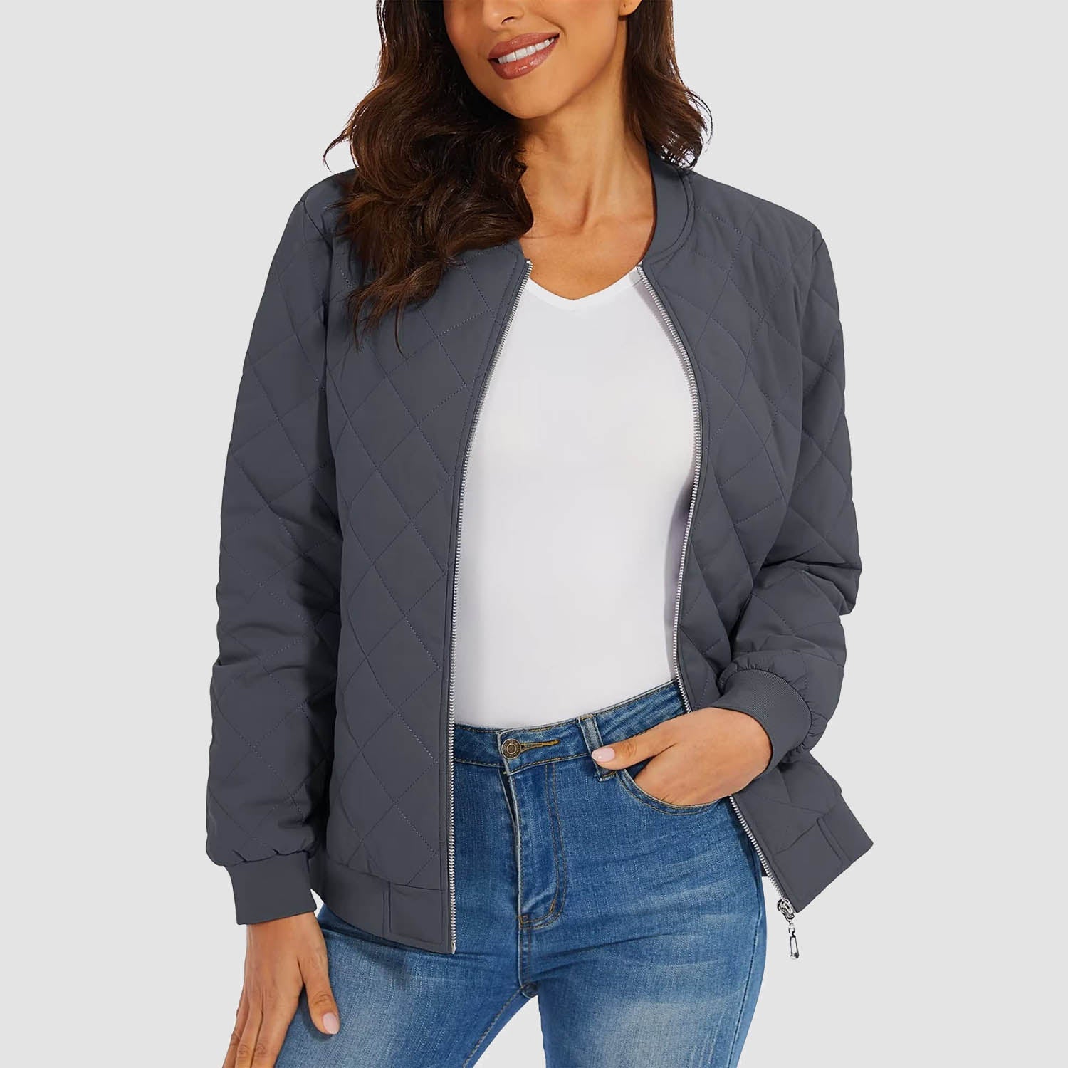 Women's black quilted bomber jacket diamond stitching windproof zipper two zip pockets slim fit