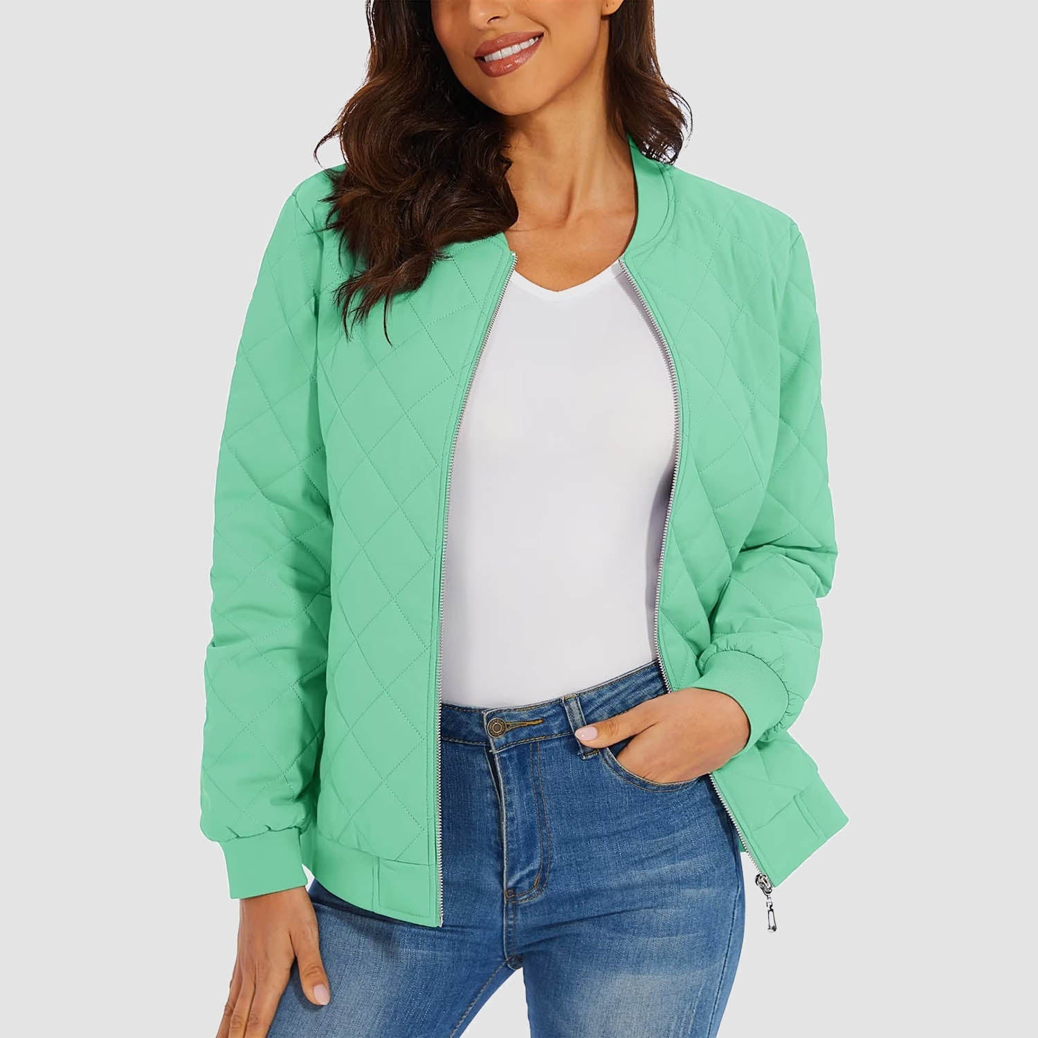 Women's black quilted bomber jacket diamond stitching windproof metal zipper two zip pockets slim fit