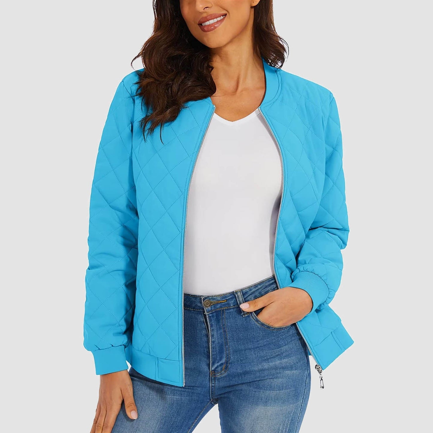 Women's black quilted bomber jacket diamond stitching slim fit windproof metal zipper two pockets