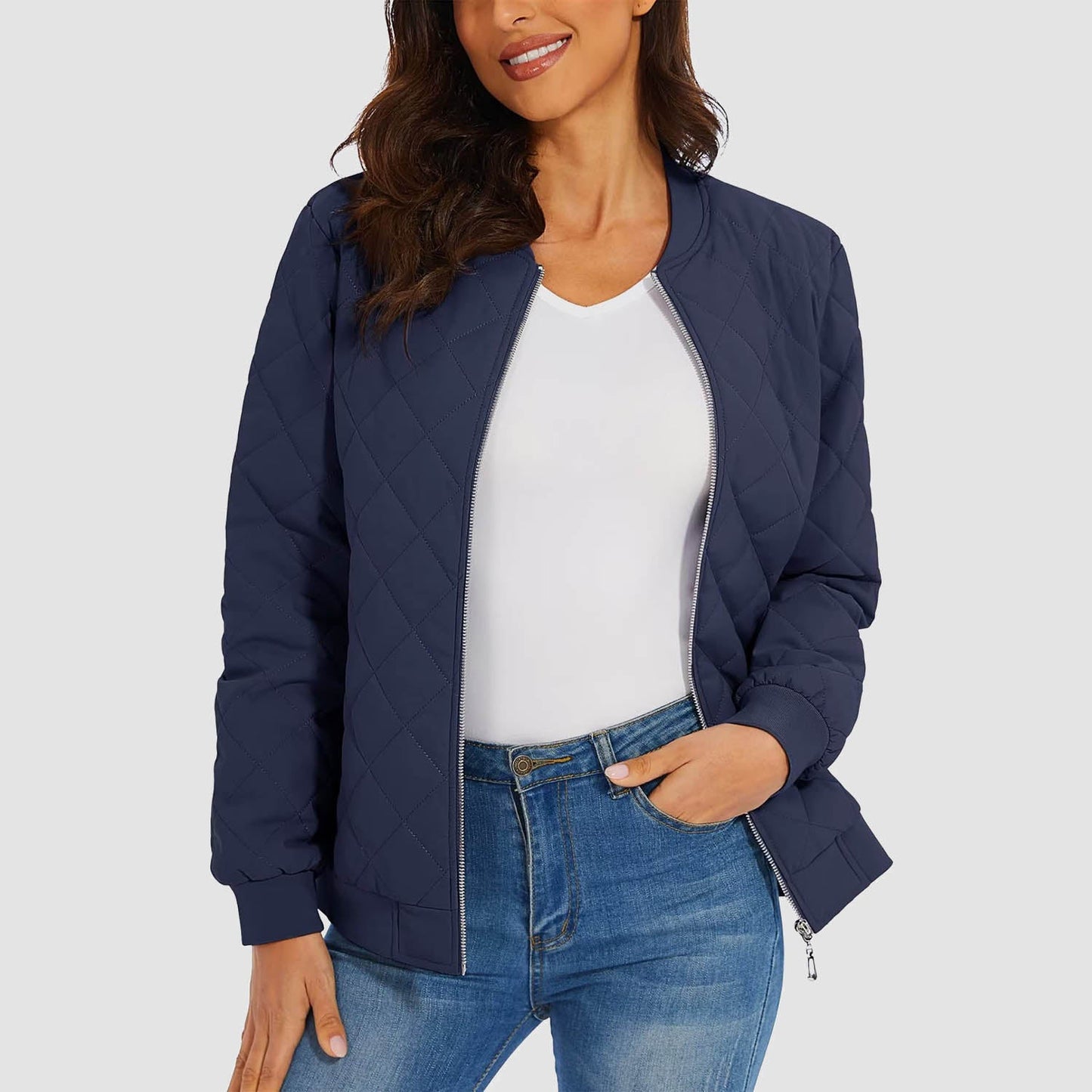 Women's black quilted bomber jacket diamond stitching windproof zipper two zip pockets slim fit