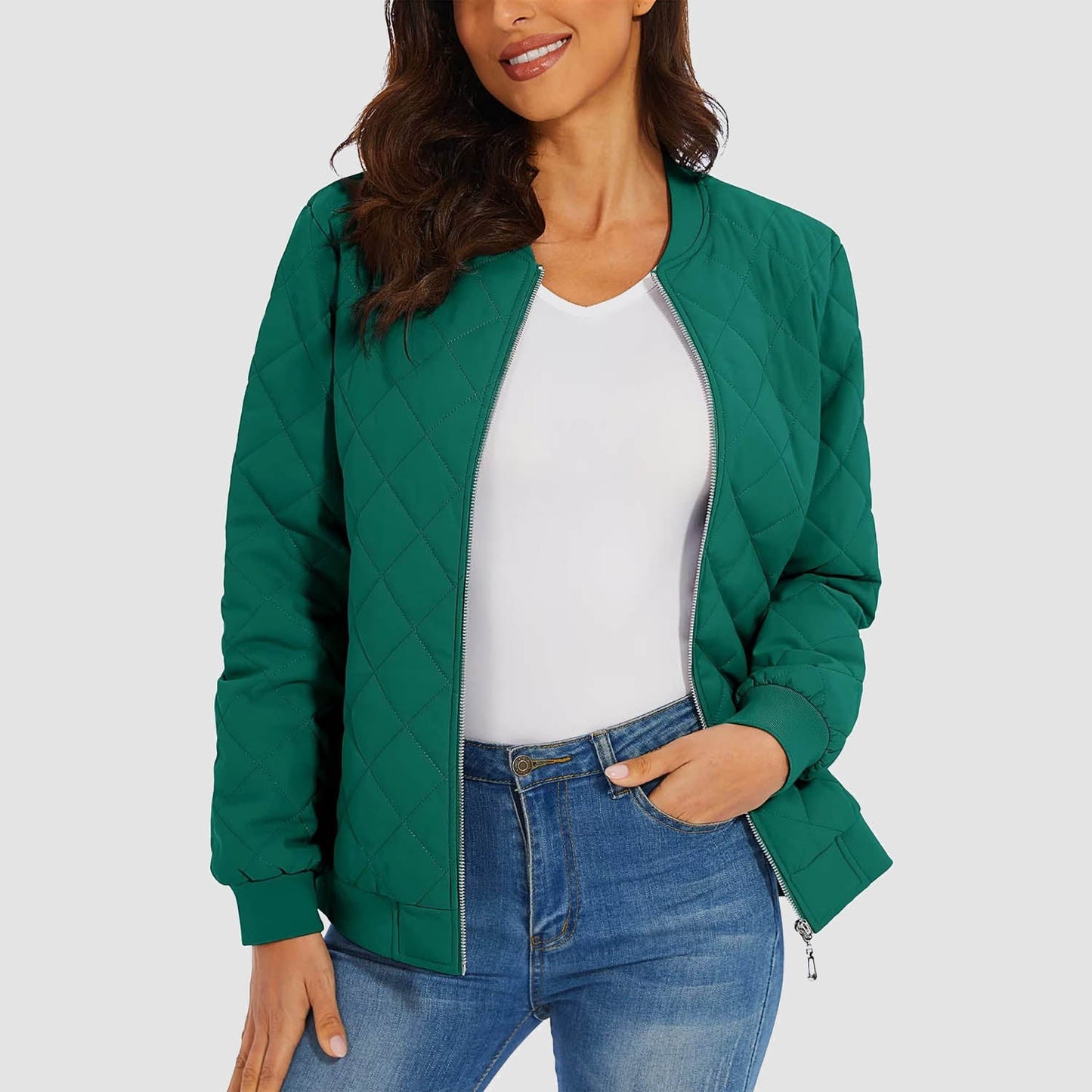 Women's black quilted bomber jacket diamond stitching windproof metal zipper two zip pockets slim fit
