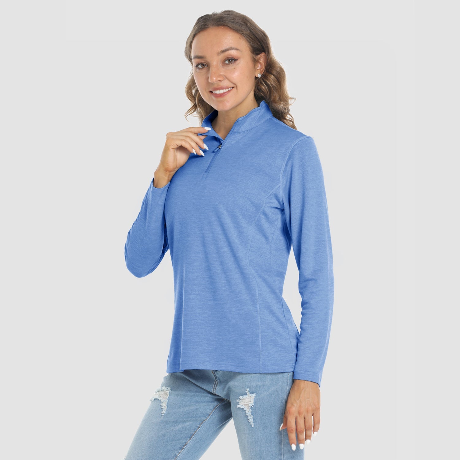 Women's long sleeve 1/4 zip UPF50+ running shirt lightweight breathable sun protection activewear