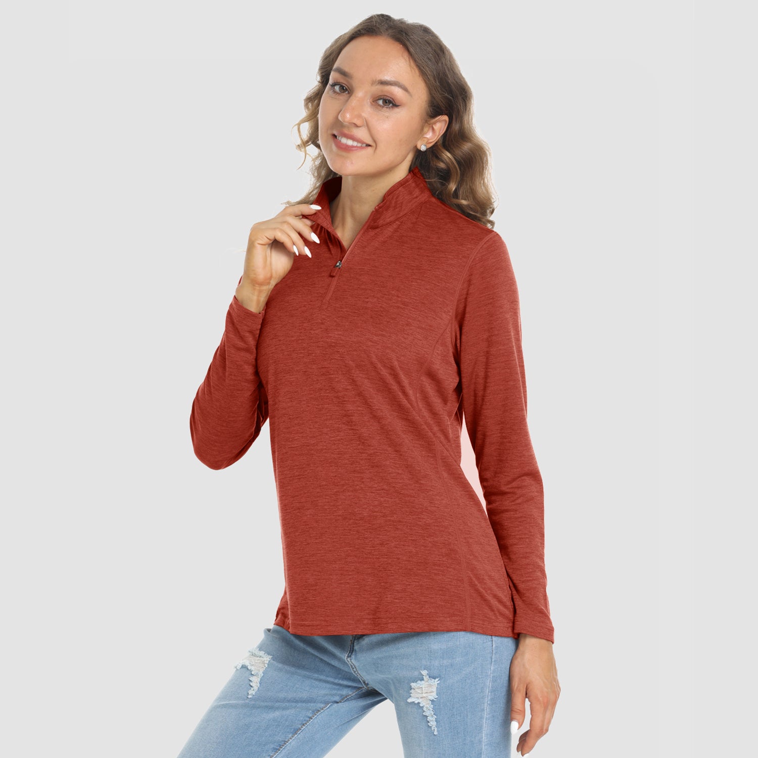 Women's long sleeve 1/4 zip UPF50+ running shirt lightweight breathable quick-dry sun protection