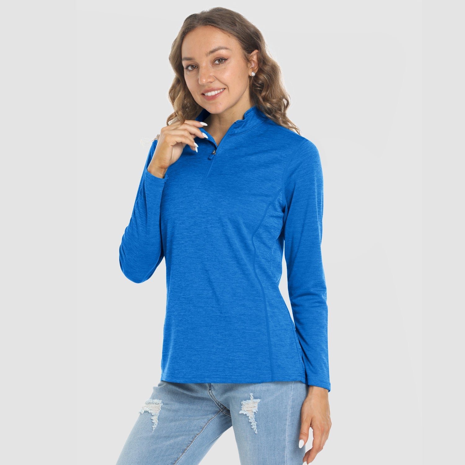 Women's long sleeve 1/4 zip UPF50+ sun protection running shirt lightweight quick dry polyester