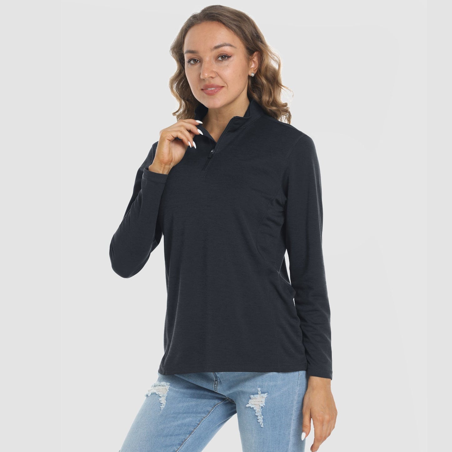 Women's long sleeve 1/4 zip UPF50+ running shirt lightweight breathable sun protection activewear