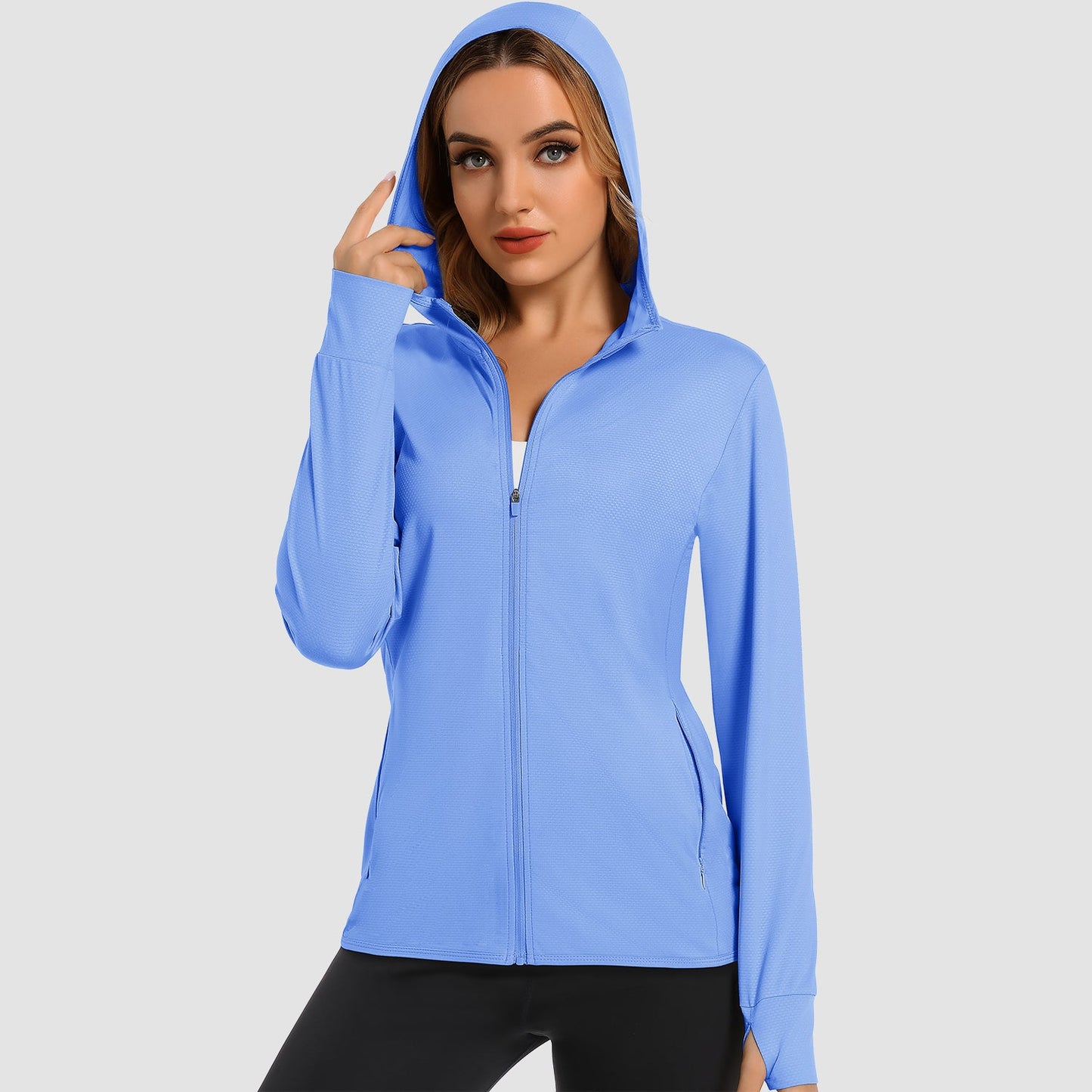 Women's UPF 50 hooded sun shirt long sleeve quick-dry light blue UV protection outdoor hiking top