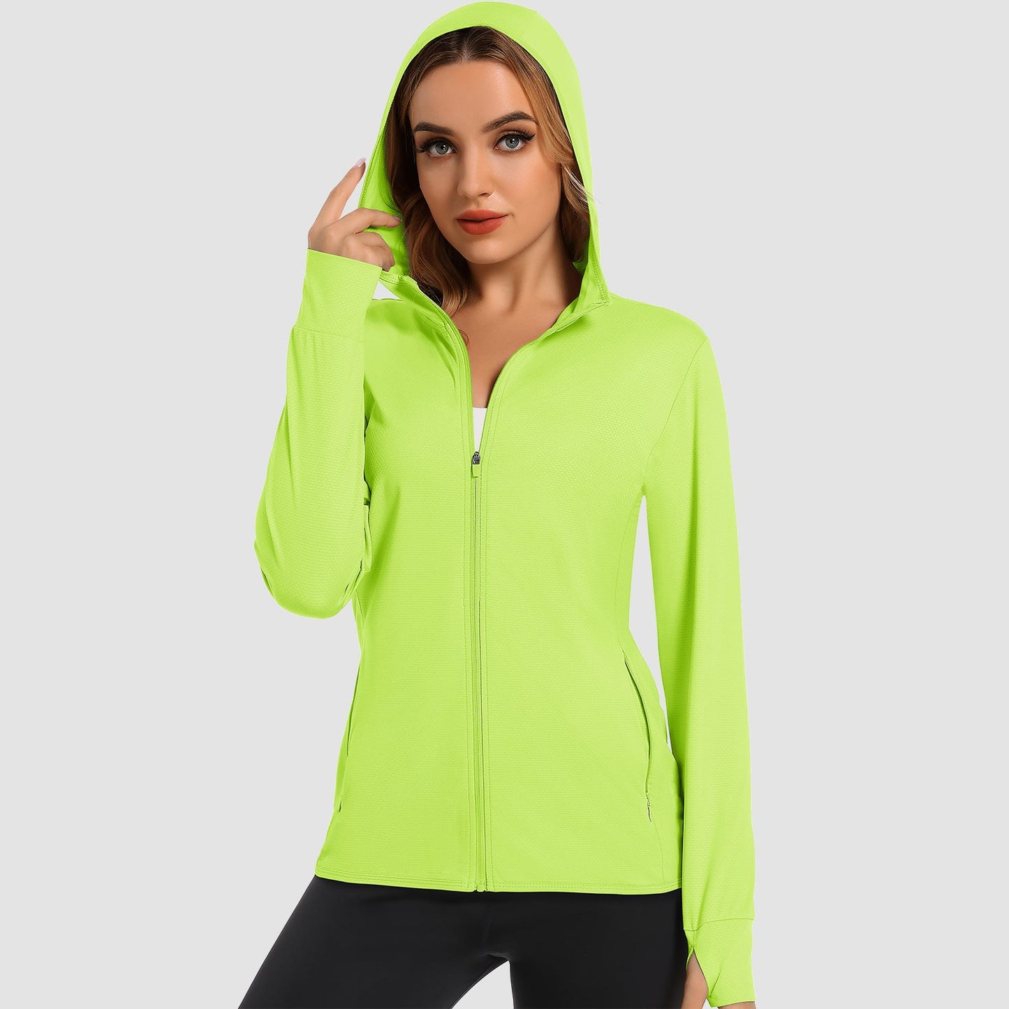 Women's UPF 50 hooded sun shirt long sleeve quick-dry light layer for hiking and outdoor UV protection