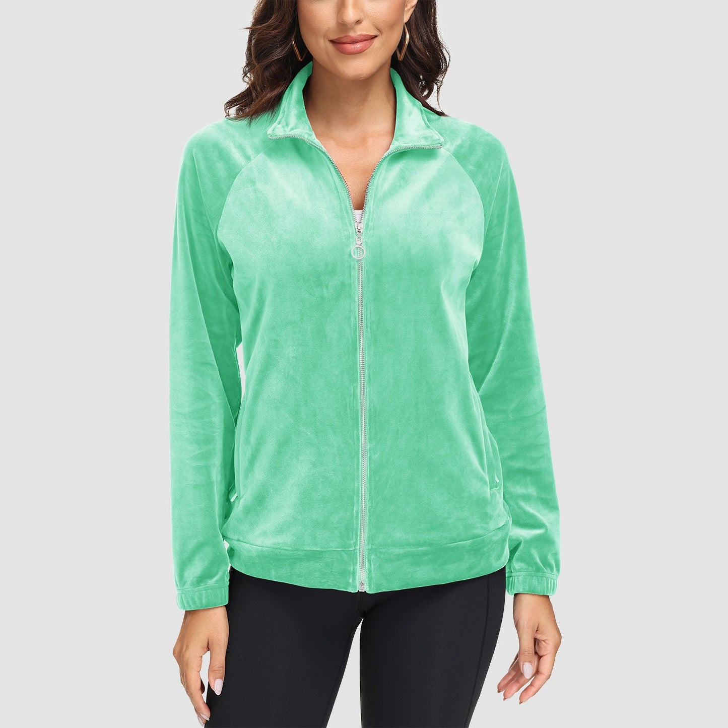 Women's velour fleece full-zip jacket stand collar elastic cuffs secure zip pockets cold weather