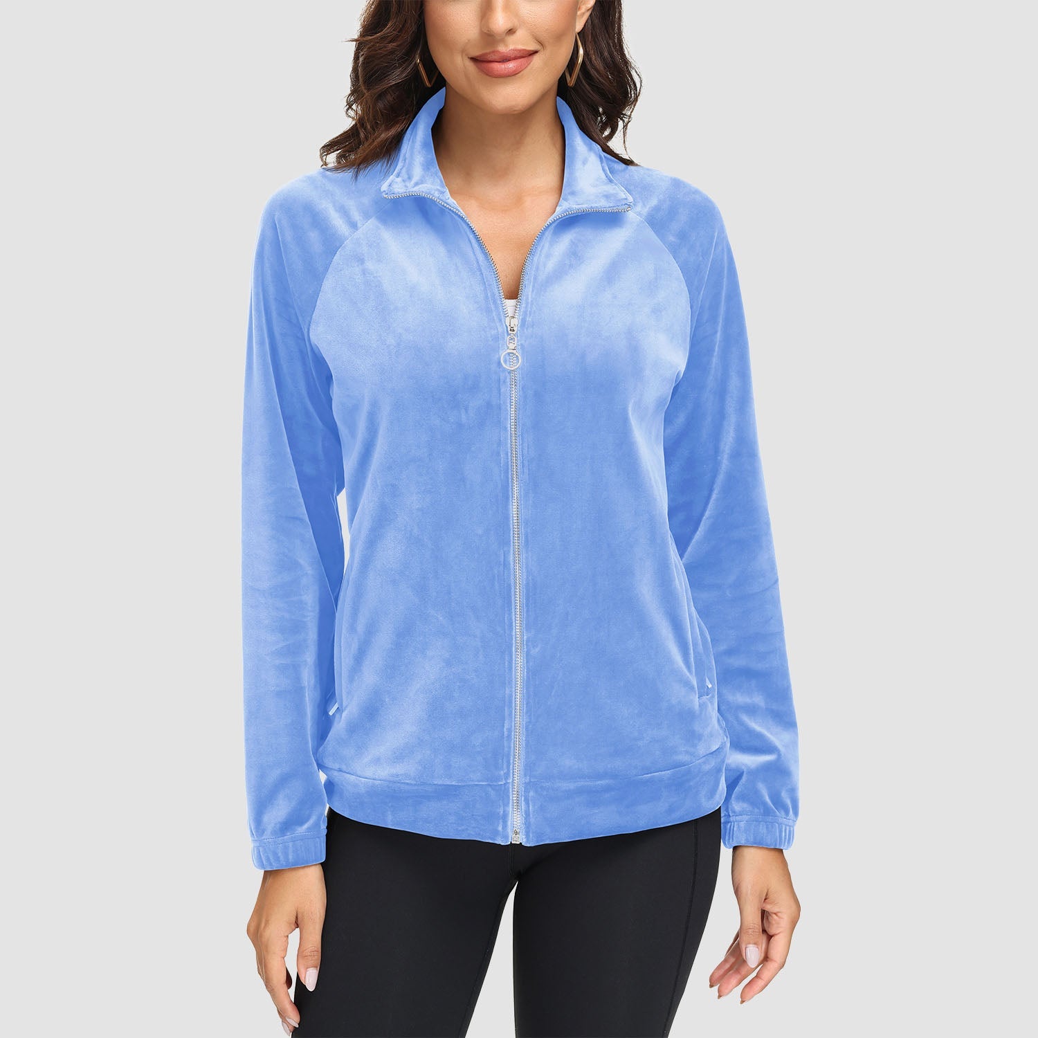 Women's velour fleece full-zip jacket stand collar elastic cuffs plush stretch cold weather layer