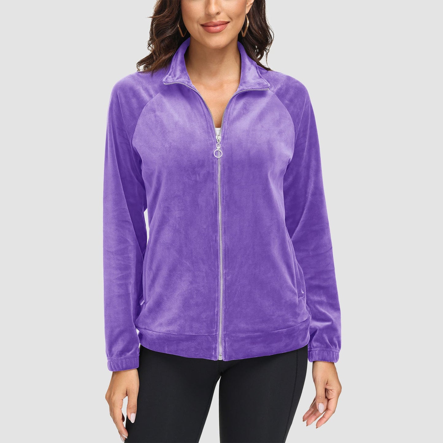 Women's velour fleece full-zip jacket stand collar elastic cuffs secure zip pockets cold weather