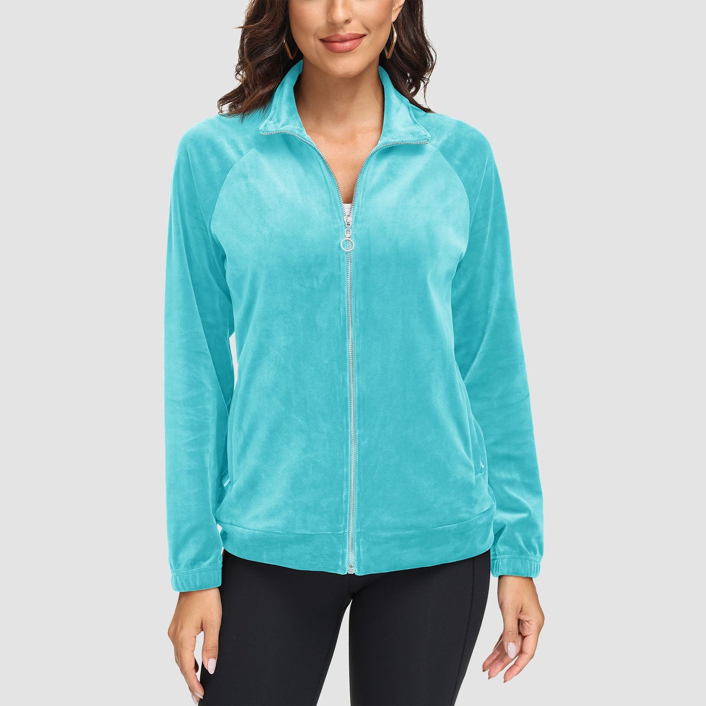 Women's velour fleece full-zip jacket stand collar elastic cuffs plush stretch cold weather layer