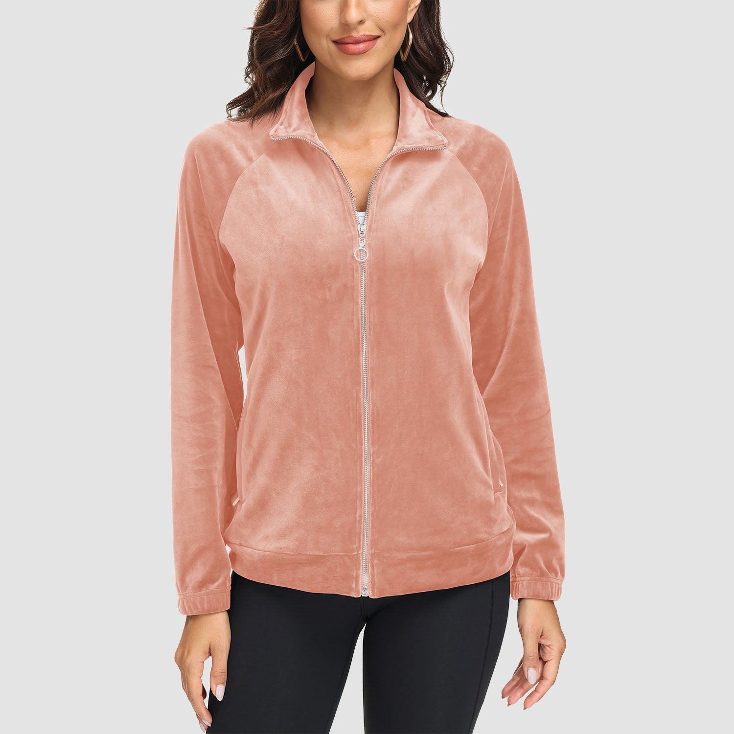 Women's velour fleece full-zip jacket with stand collar and secure zip pockets for cold weather