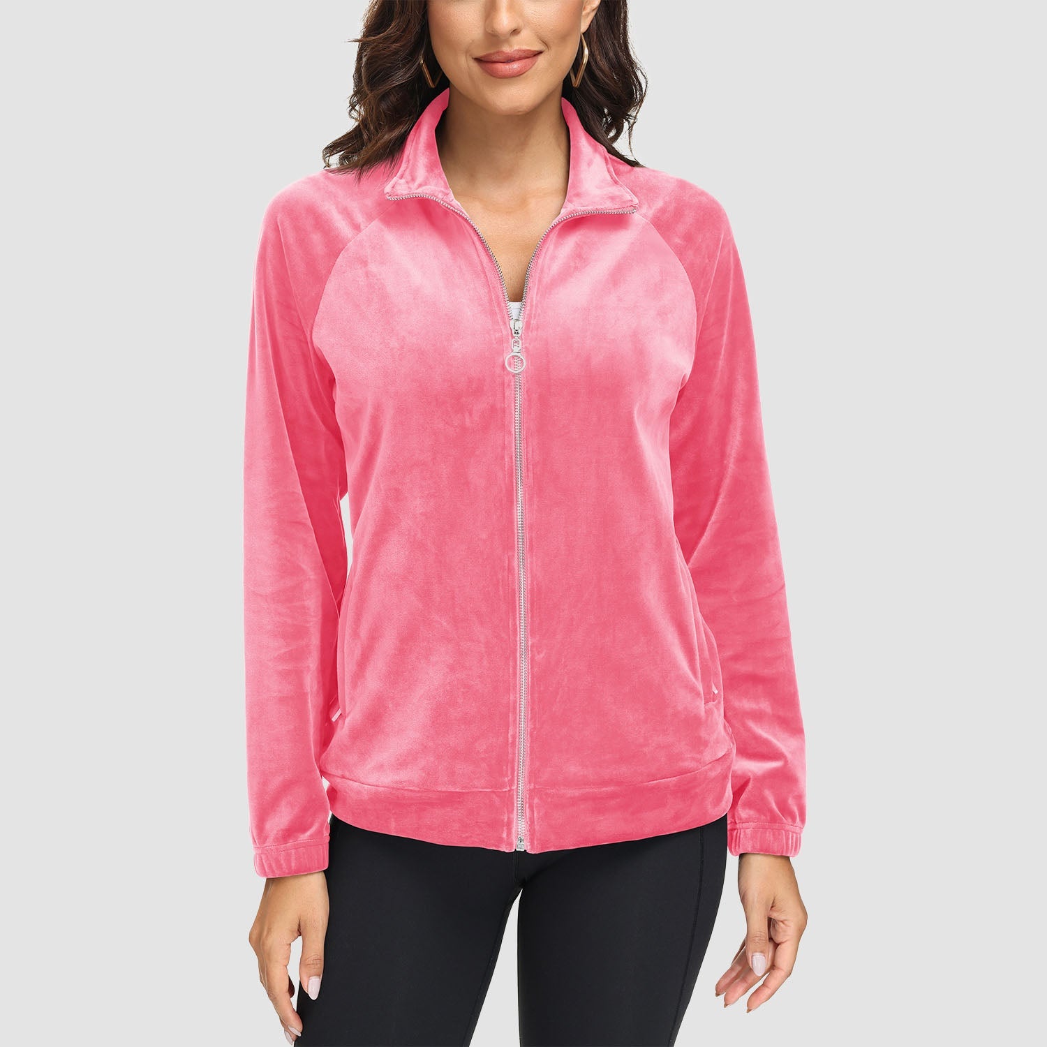 Women's velour fleece full-zip jacket stand collar elastic cuffs secure zip pockets cold weather