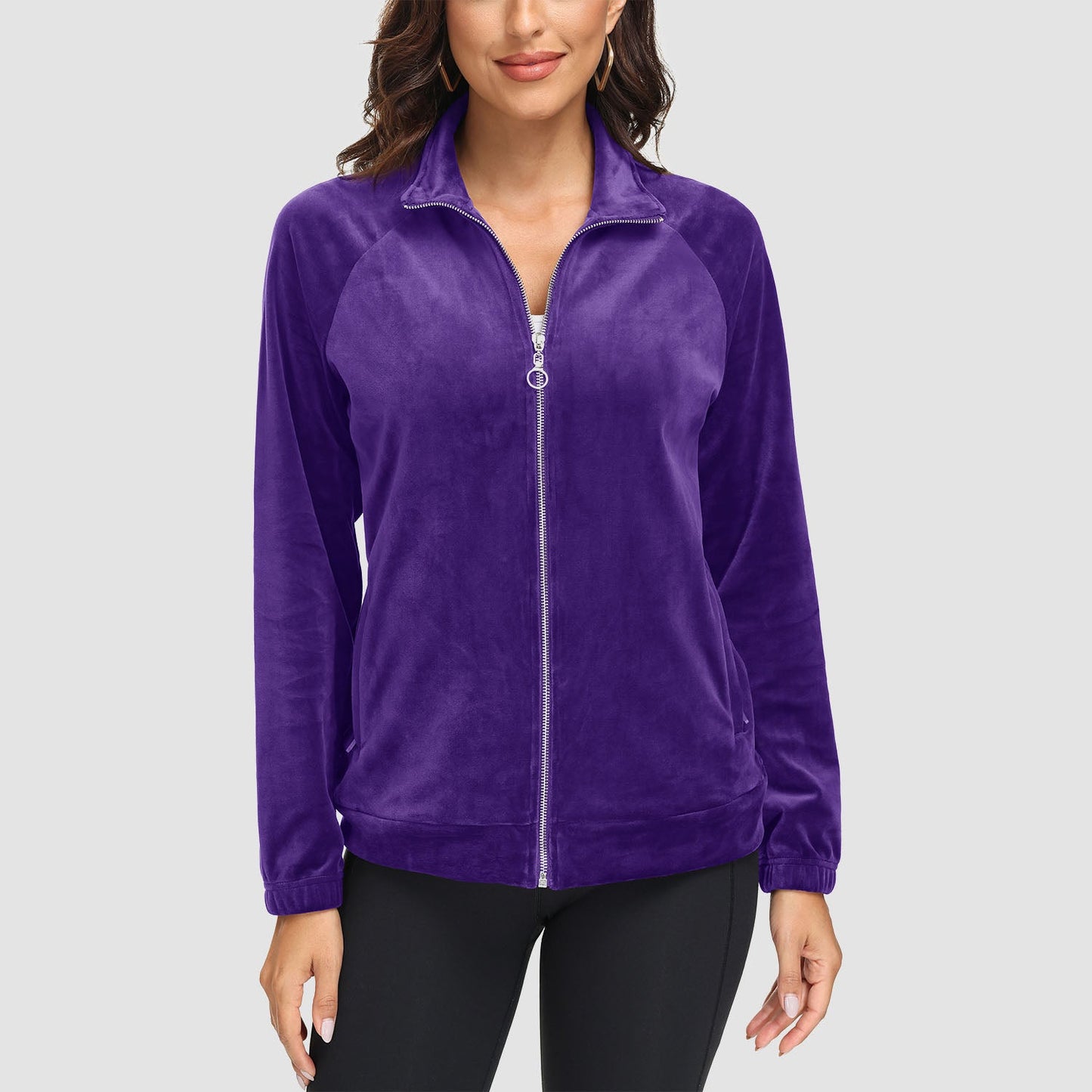 Women's burgundy velour fleece full-zip jacket with stand collar and secure zip pockets
