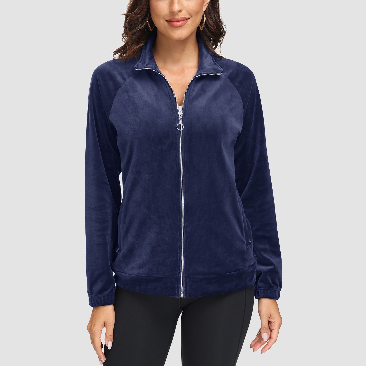 Women's velour fleece full-zip jacket stand collar elastic cuffs plush stretch fabric cold weather