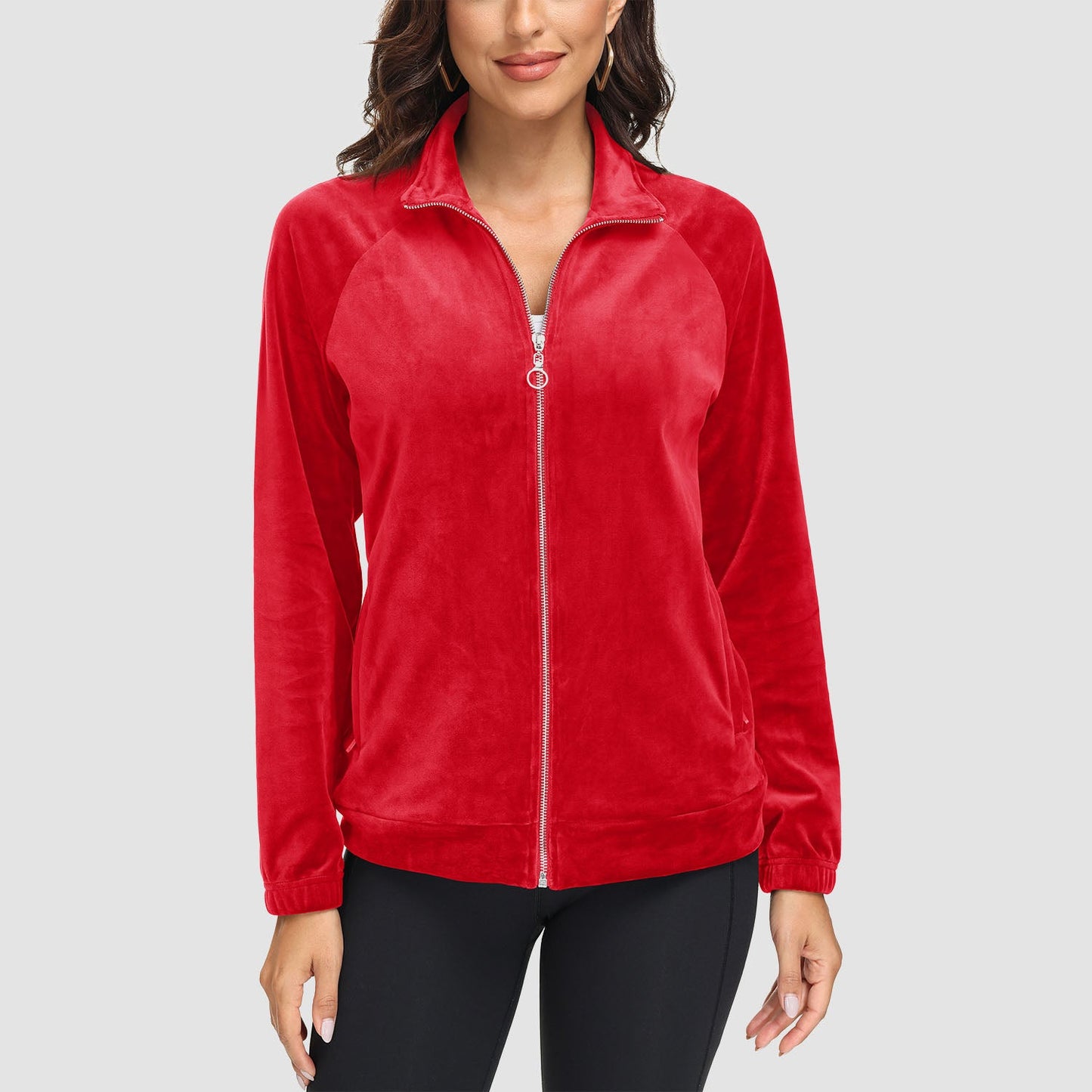 Women's velour fleece full-zip jacket stand collar elastic cuffs secure zip pockets cold weather