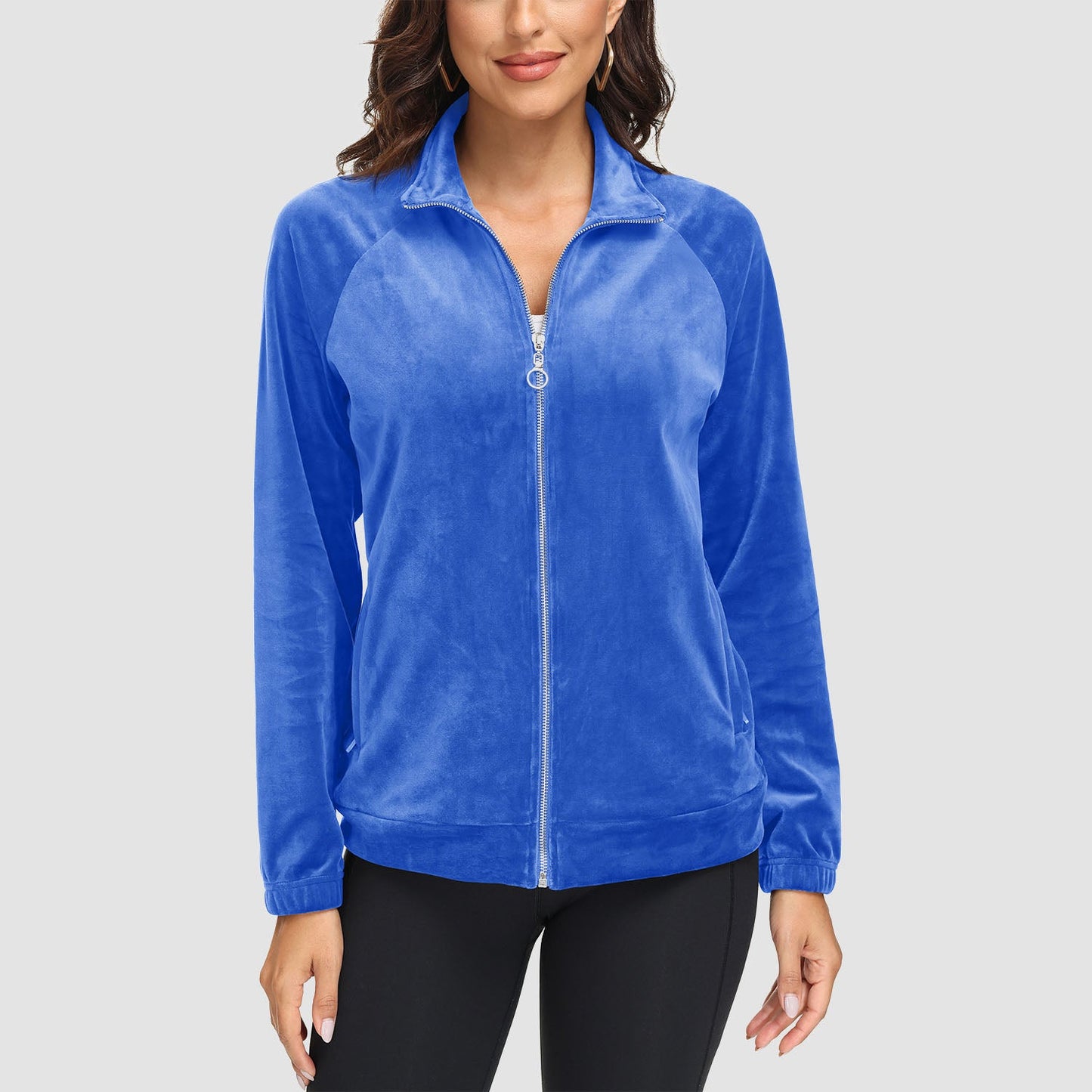 Women's velour fleece full-zip jacket stand collar elastic cuffs secure zip pockets cold weather