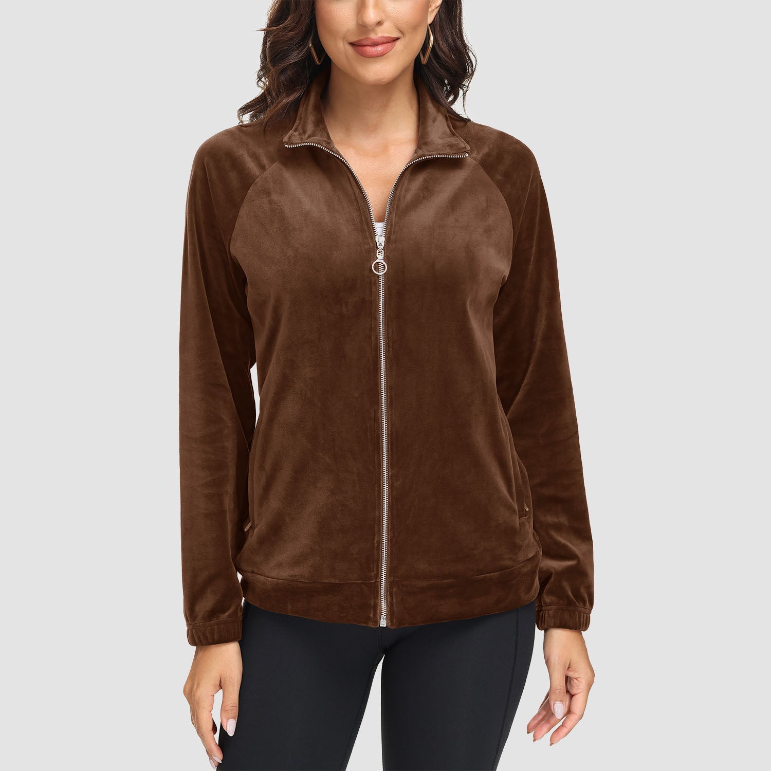 Women's velour fleece full-zip jacket stand collar elastic cuffs secure zip pockets cold weather