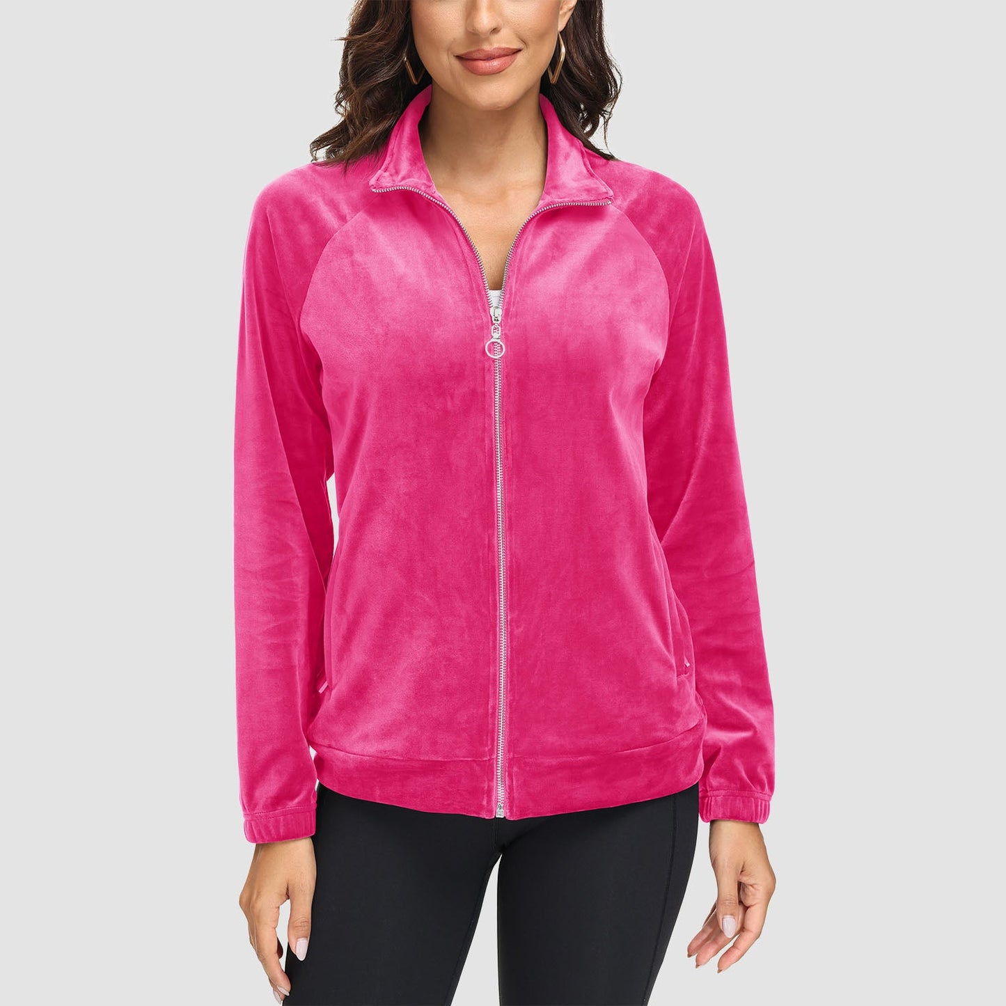 Women's velour fleece full-zip jacket stand collar elastic cuffs plush stretch fabric cold weather