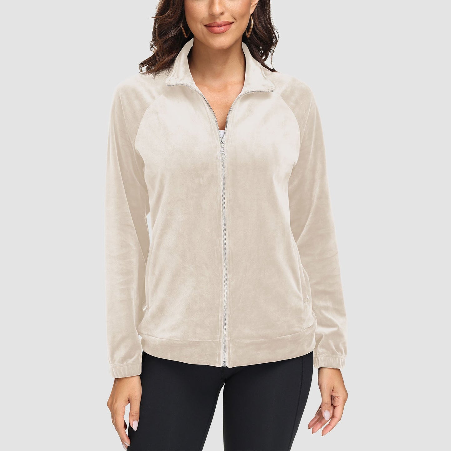 Women's velour fleece full-zip jacket with stand collar and secure zip pockets for cold weather