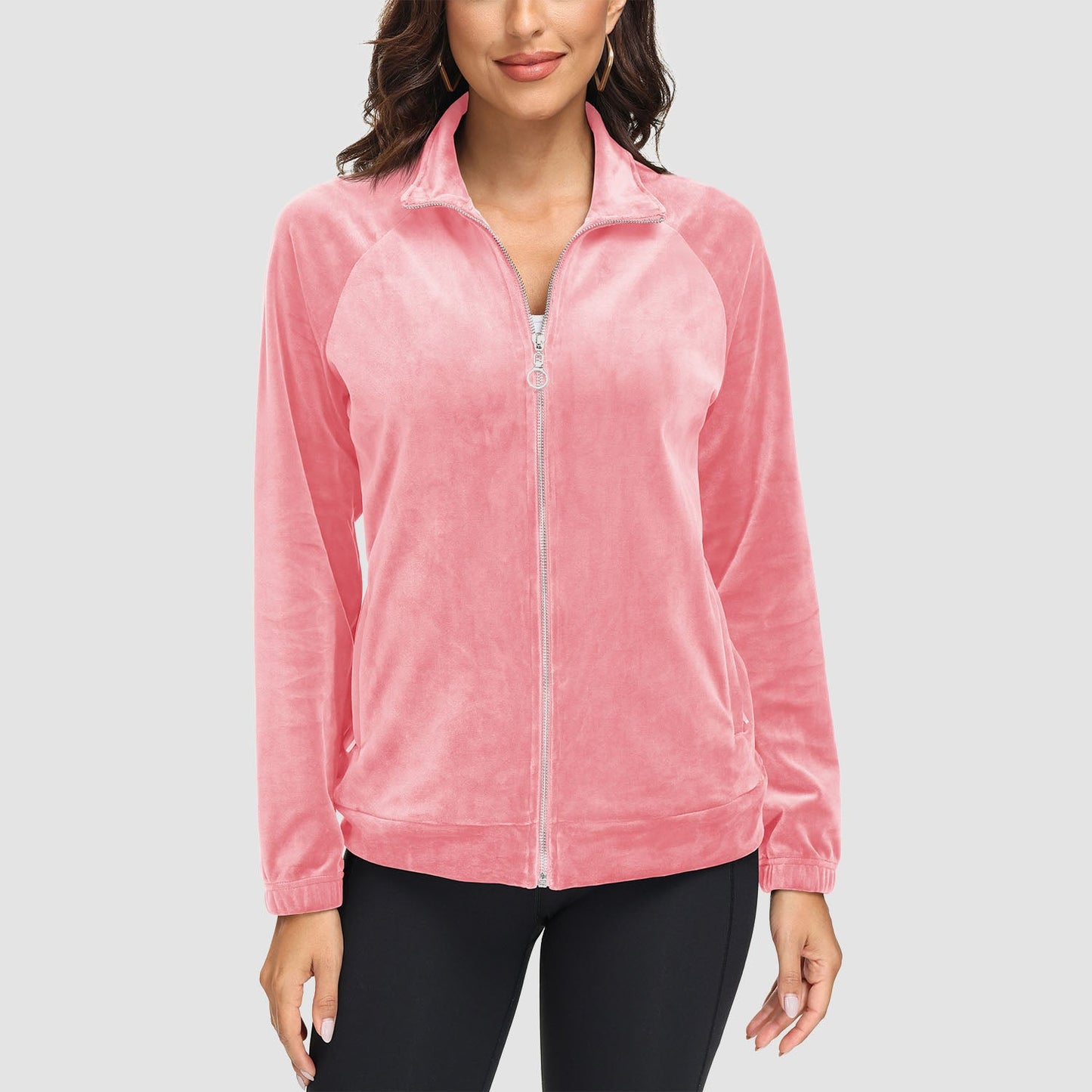 Women's velour fleece full-zip jacket stand collar with secure zip pockets cold weather comfort