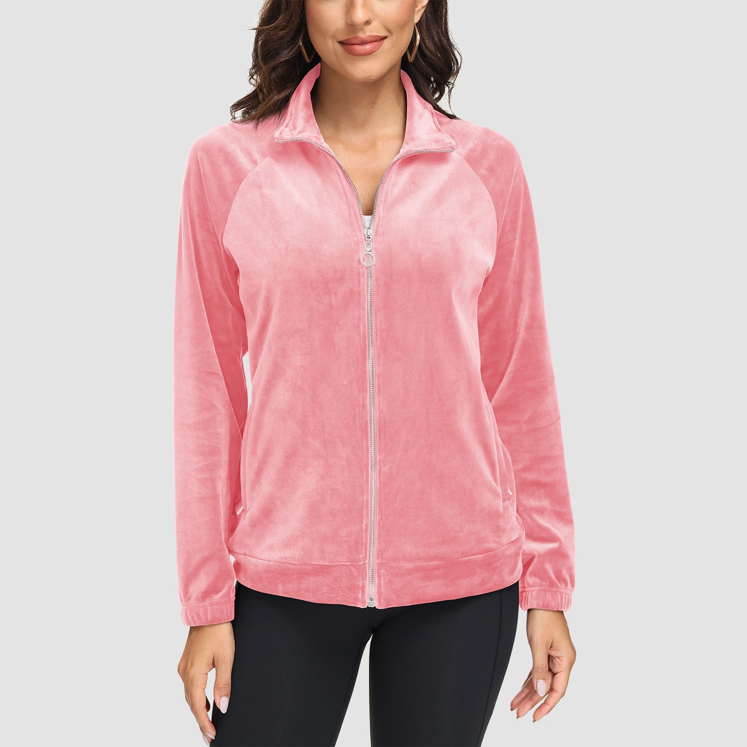 Women's velour fleece full-zip jacket stand collar with secure zip pockets cold weather comfort