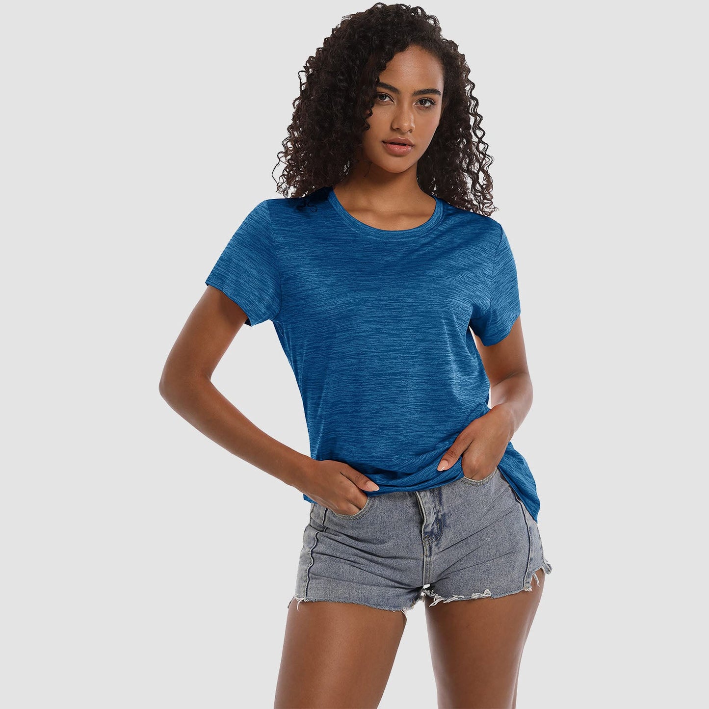 Women's lightweight breathable crewneck workout t-shirt in soft polyester with wrinkle-resistant tagless design