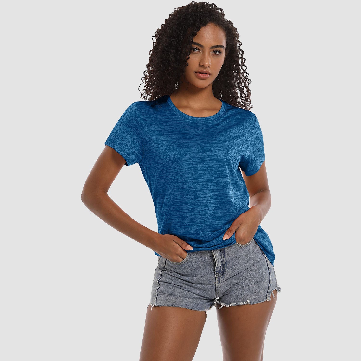 Women's lightweight breathable crewneck workout t-shirt in soft polyester with wrinkle-resistant tagless design
