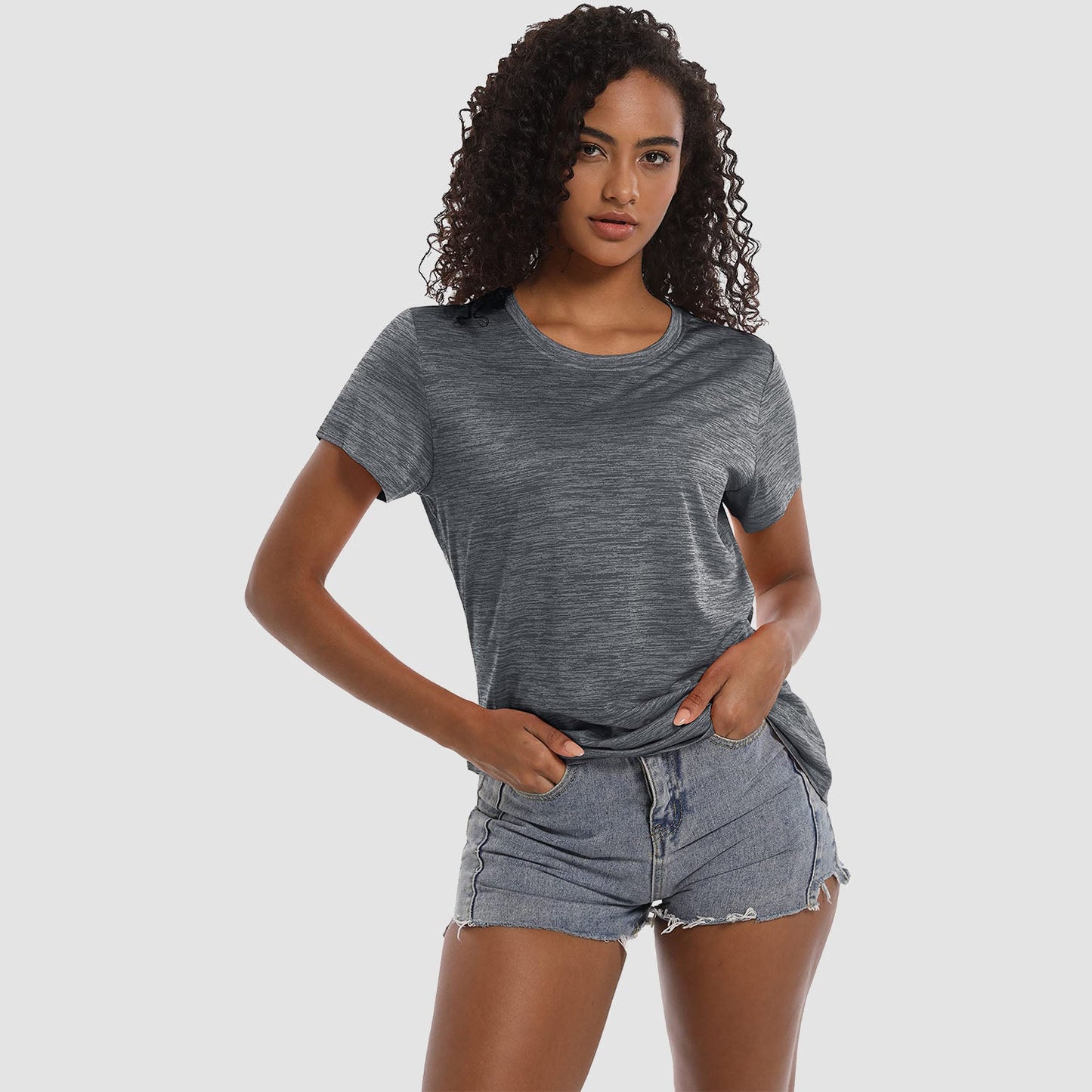 Women's lightweight crewneck workout t-shirt, breathable polyester fabric with wrinkle-resistant comfort fit