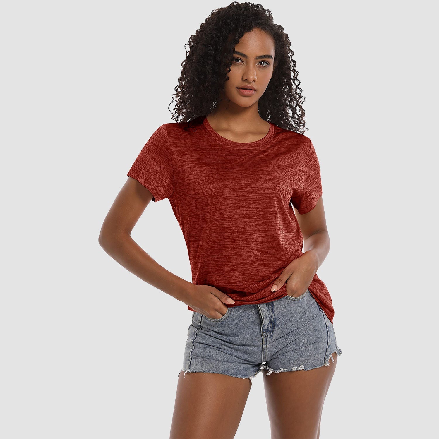Women's lightweight crewneck workout t-shirt, breathable polyester fabric with wrinkle-resistant comfort fit