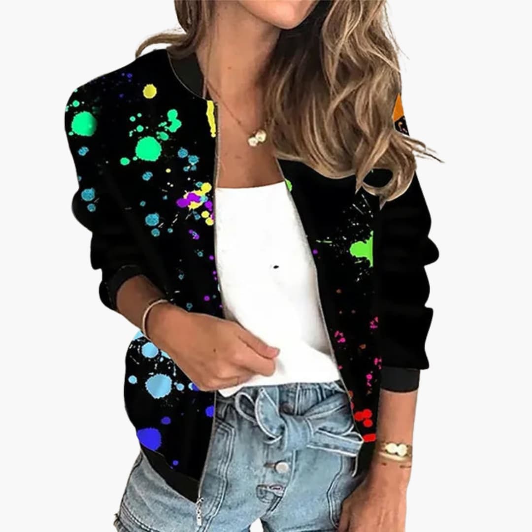 Printed women's bomber jacket with zip closure, ribbed collar detailing in bold graphic pattern