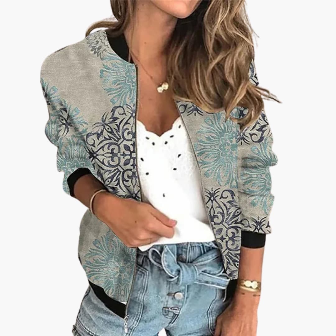 Printed women's bomber jacket with zip closure, ribbed collar detailing in bold graphic pattern