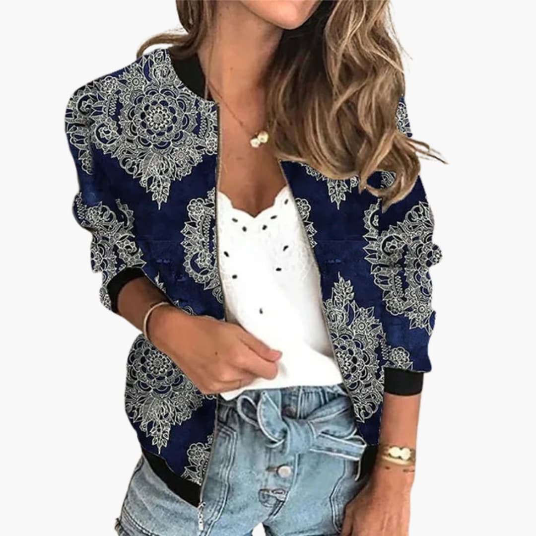 Printed women's bomber jacket with zip closure, ribbed collar detailing in bold pattern