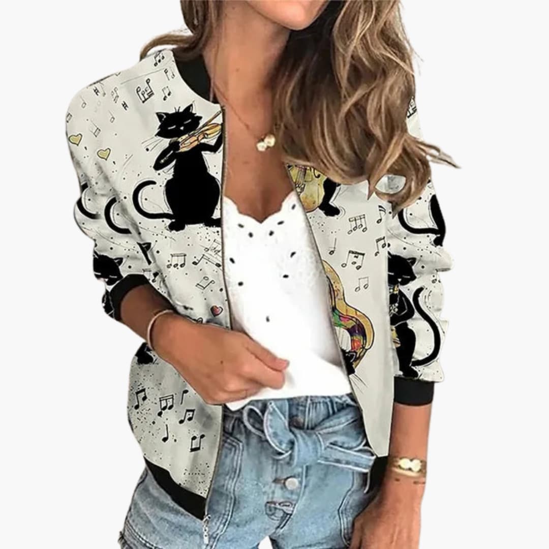 Printed women's bomber jacket with zip closure, ribbed collar detailing, and bold surface pattern