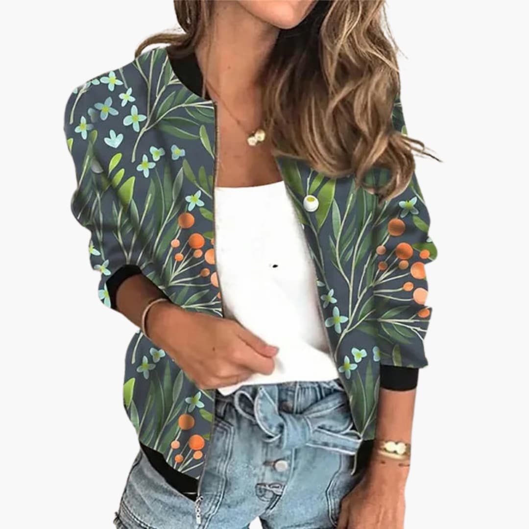 Printed women's bomber jacket with zip closure, ribbed collar detailing, and bold surface print